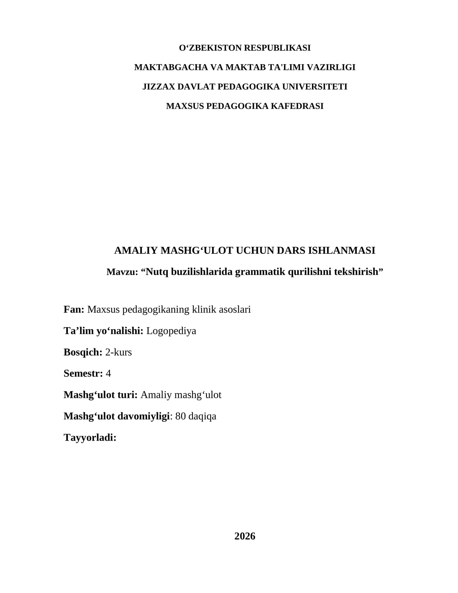 Amaliy Mashg'ulot Uchun Dars Ishlanmasi