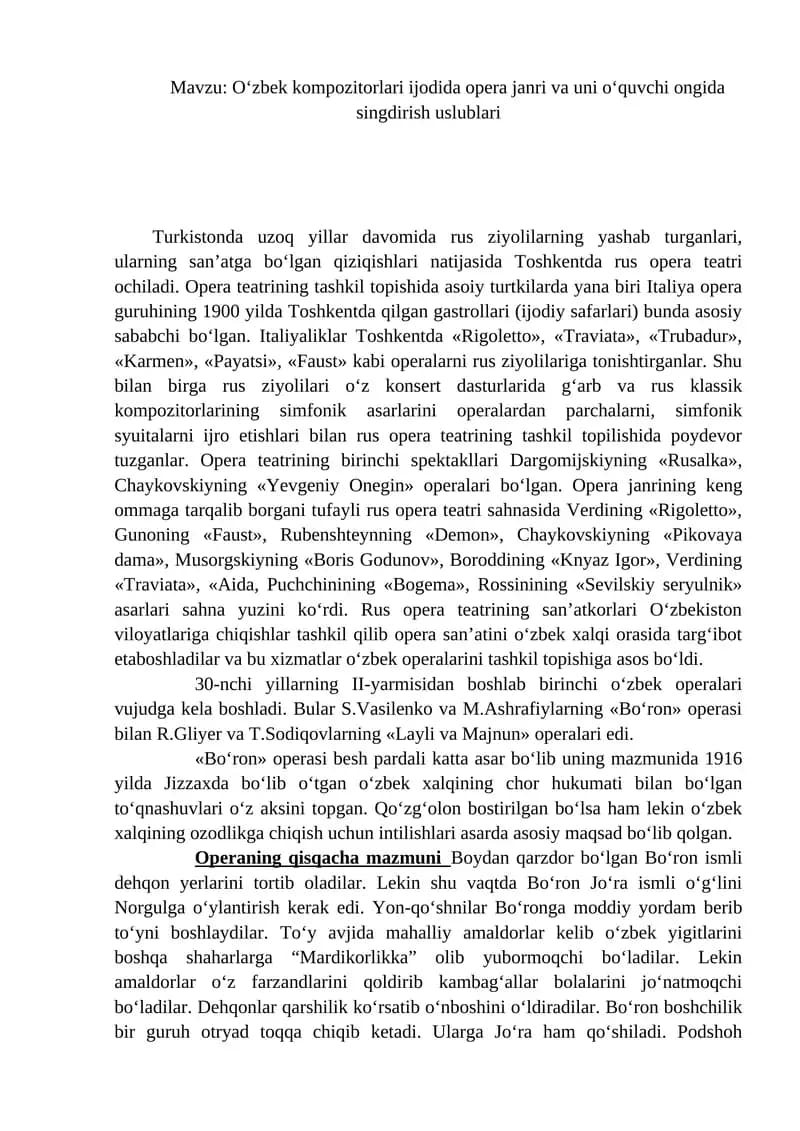 O‘zbek kompozitorlari ijodida opera janri va uni o‘quvchi ongida singdirish uslublari
