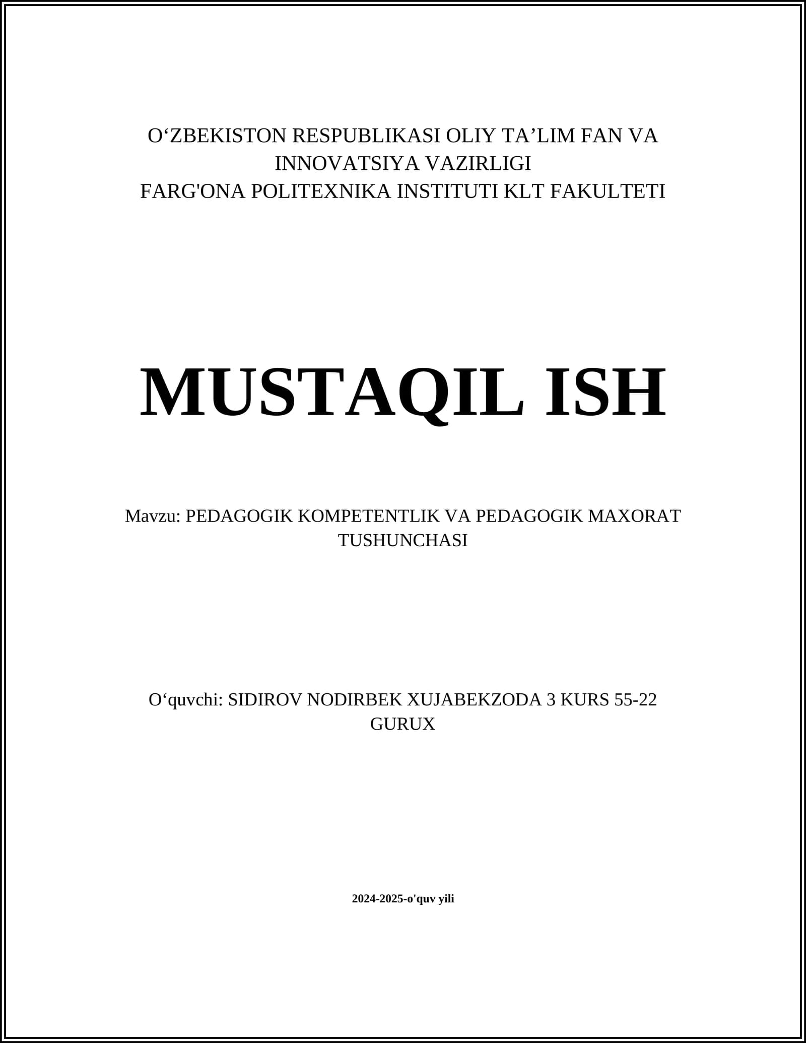 PEDAGOGIK KOMPETENTLIK VA PEDAGOGIK MAXORAT TUSHUNCHASI