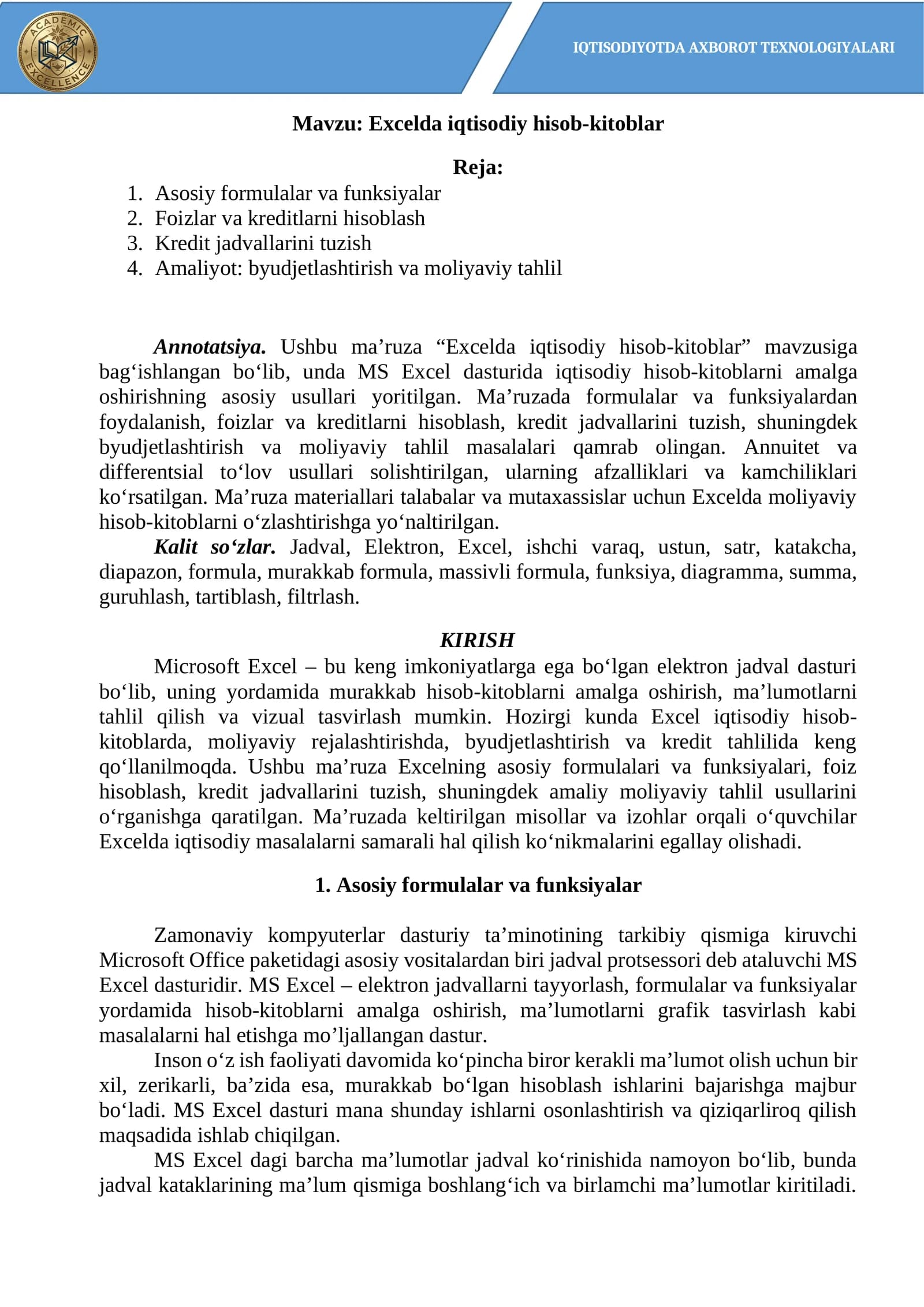 Excelda iqtisodiy hisob-kitoblar