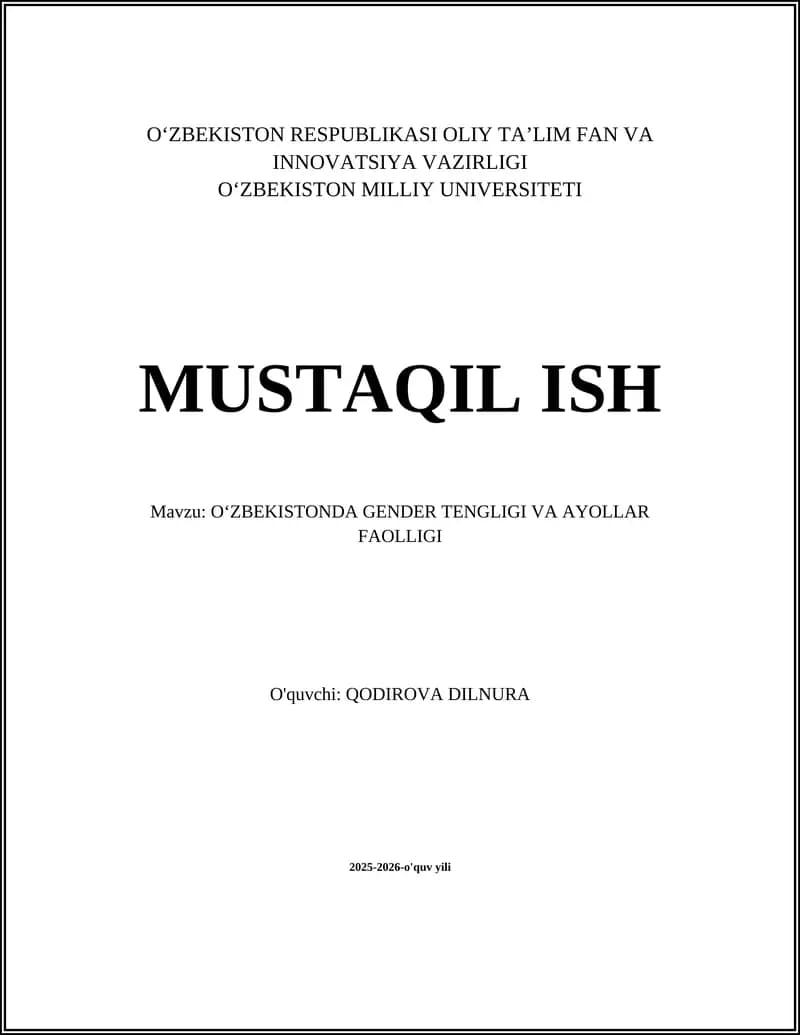 OʻZBEKISTONDA GENDER TENGLIGI VA AYOLLAR FAOLLIGI