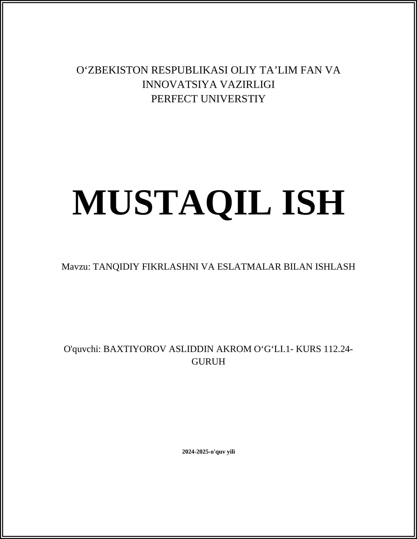 TANQIDIY FIKRLASHNI VA ESLATMALAR BILAN ISHLASH