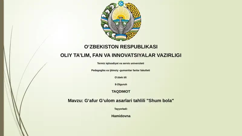 Gʻafur Gʻulom asarlari tahlili "Shum bola"