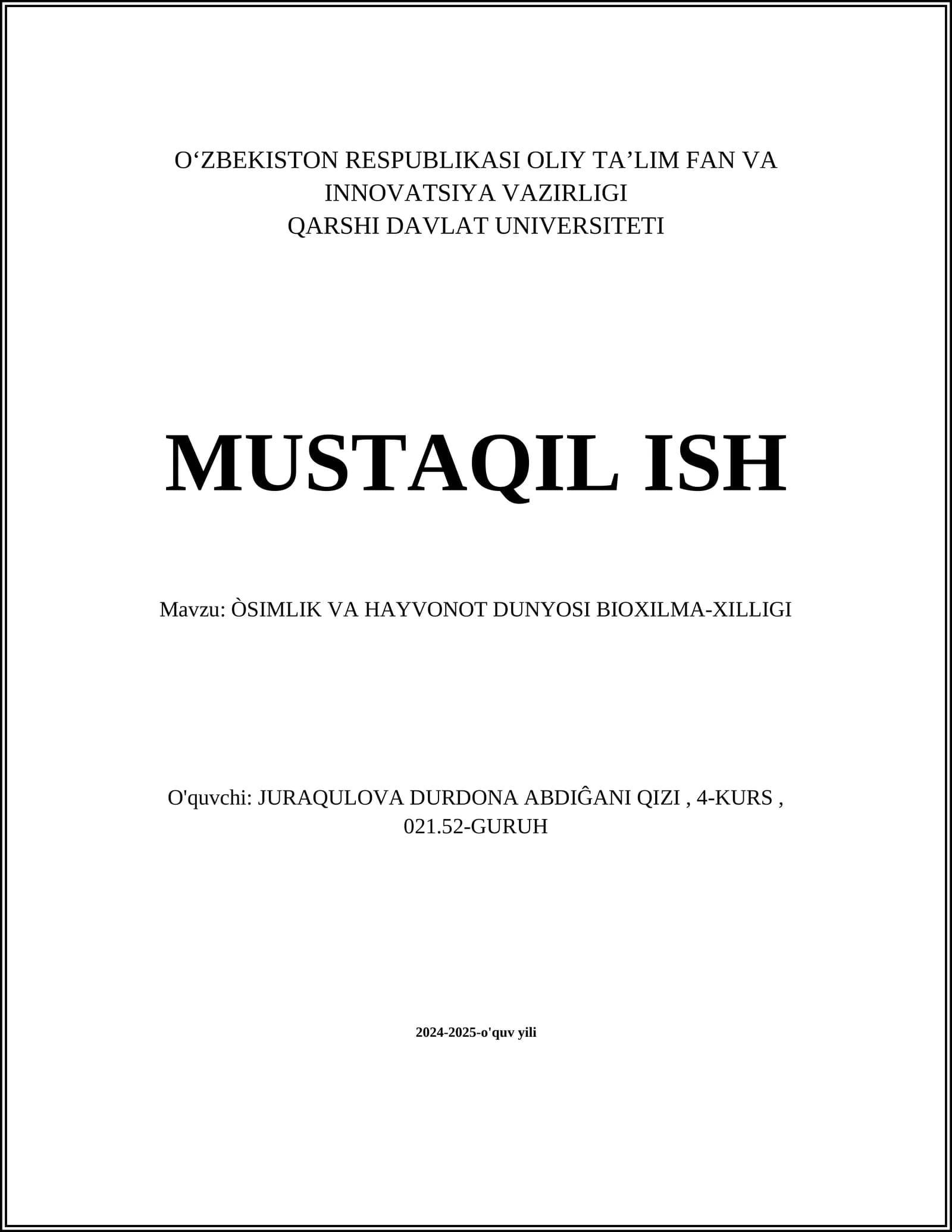 Òsimlik va hayvonot dunyosi bioxilma-xilligi