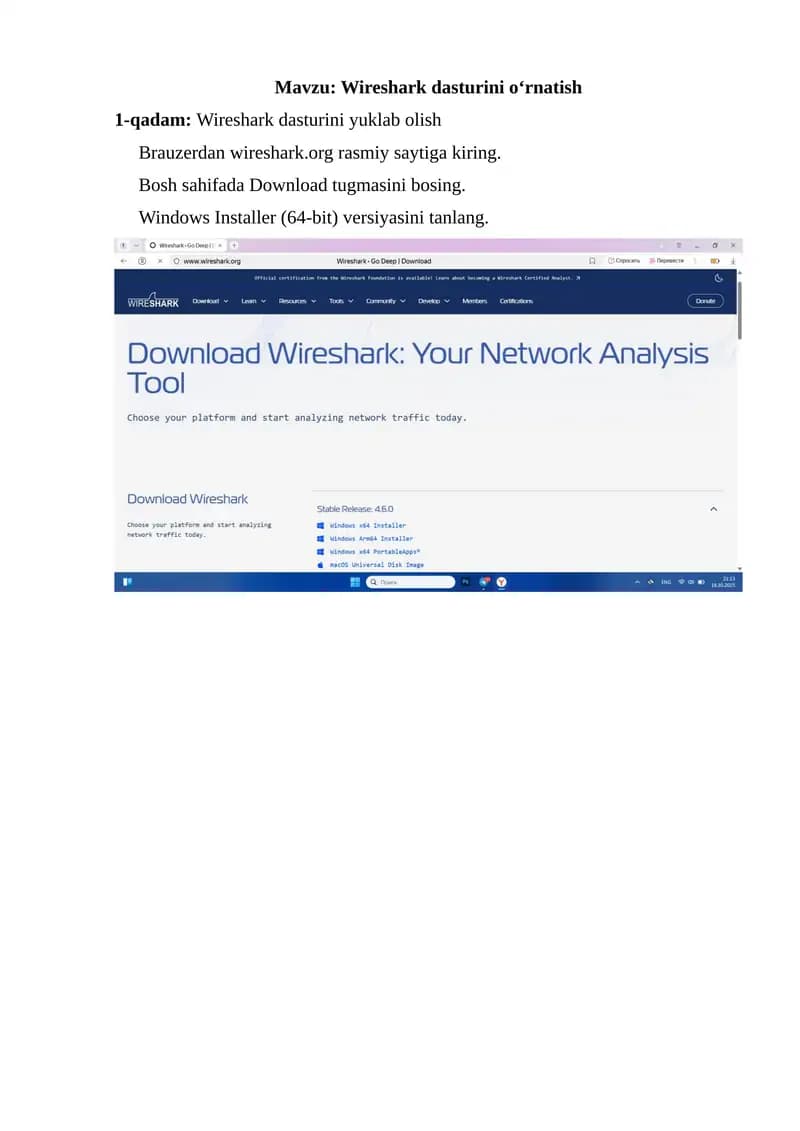 Wireshark dasturini o‘rnatish