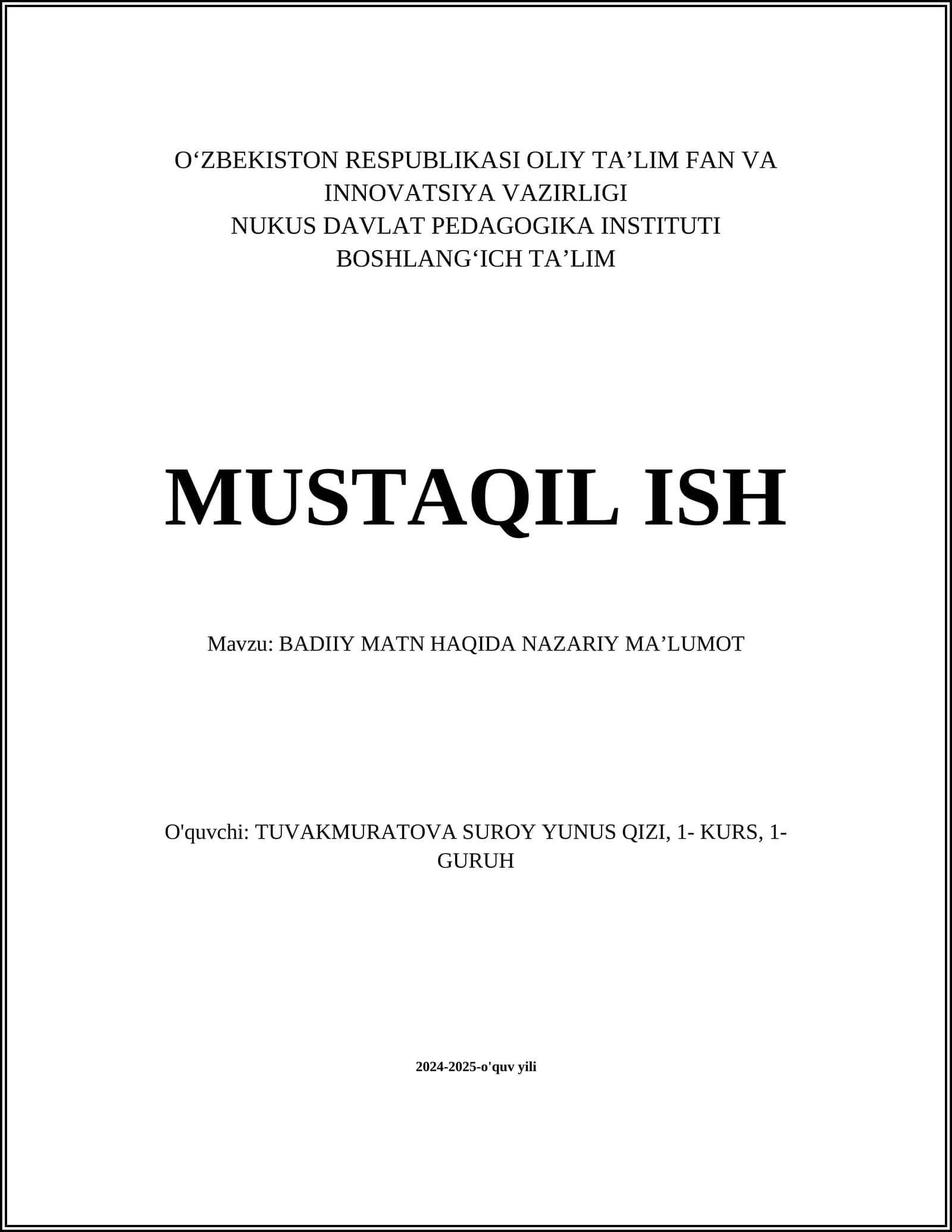 BADIIY MATN HAQIDA NAZARIY MAʼLUMOT