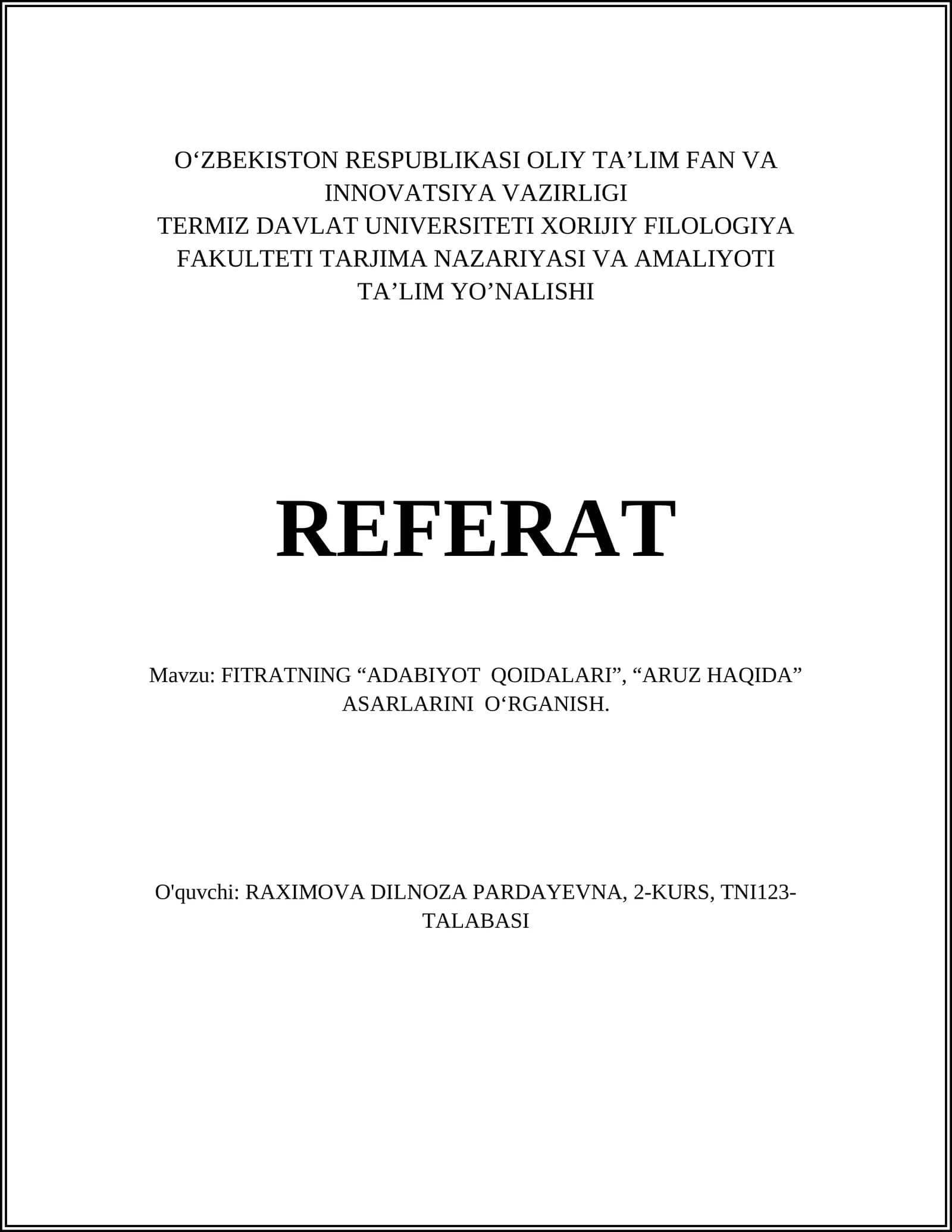 FITRATNING "ADABIYOT QOIDALARI", "ARUZ HAQIDA" ASARLARINI OʻRGANISH