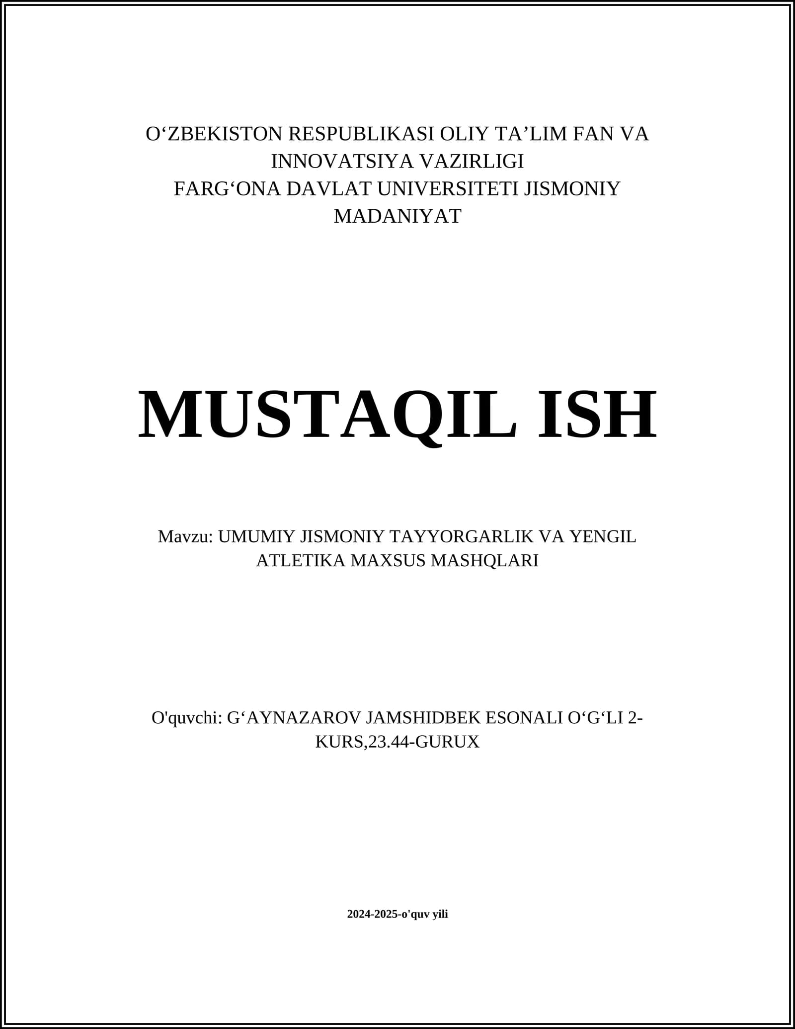 UMUMIY JISMONIY TAYYORGARLIK VA YENGIL ATLETIKA MAXSUS MASHQLARI