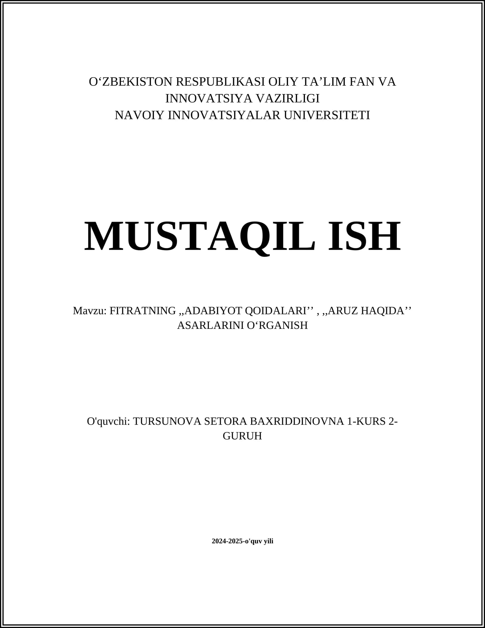 FITRATNING ADABIYOT QOIDALARI’’,,,ARUZ HAQIDA’’ ASARLARINI OʻRGANISH