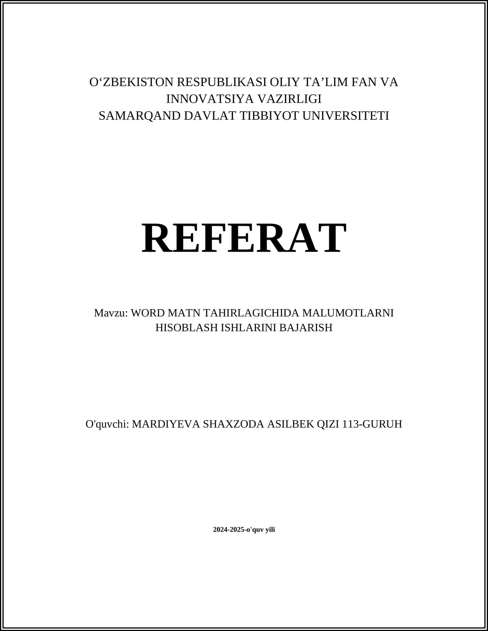 WORD MATN TAHIRLAGICHIDA MALUMOTLARNI HISOBLASH ISHLARINI BAJARISH