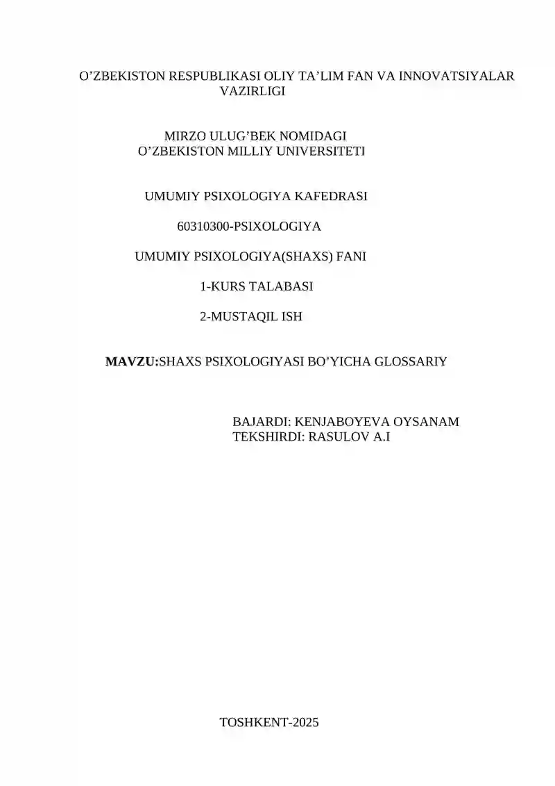 SHAXS PSIXOLOGIYASI BO’YICHA GLOSSARIY