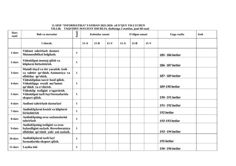 11-SINF “INFORMATIKA” FANIDAN 2025-2026- yil O’QUV YILI UCHUN YILLIK TAQVIMIY-MAVZUIY ISH REJA