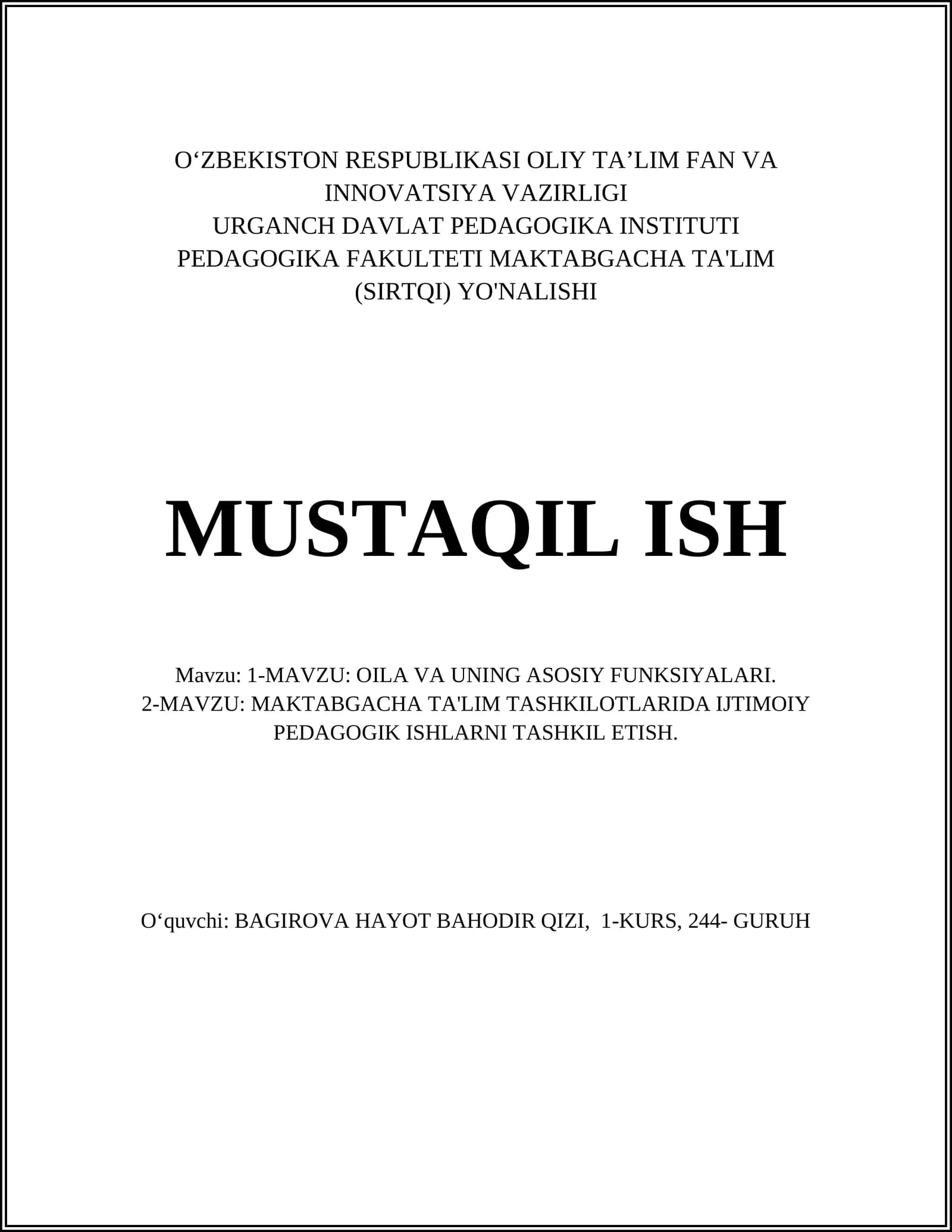 MAKTABGACHA TA'LIM TASHKILOTLARIDA IJTIMOIY PEDAGOGIK ISHLARNI TASHKIL ETISH