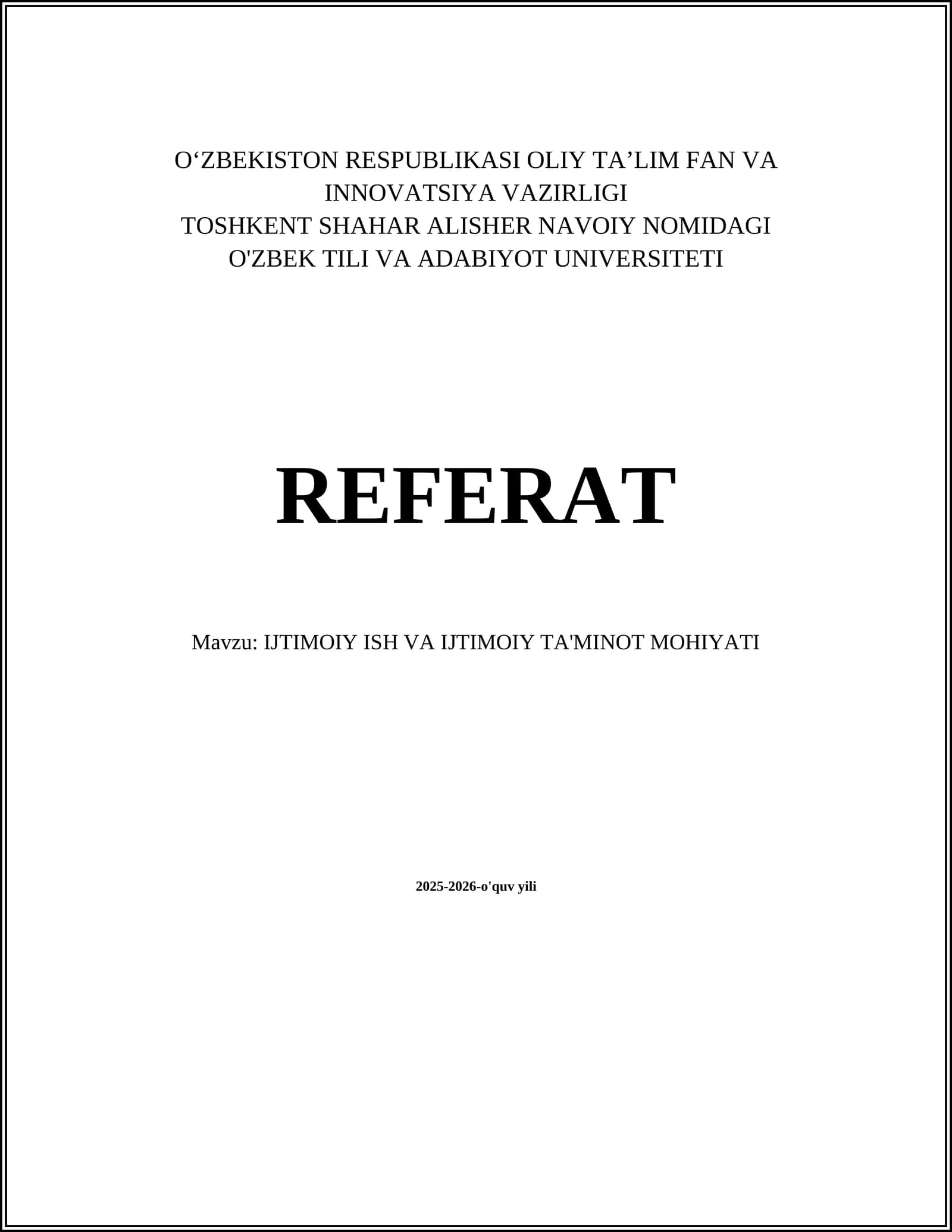 IJTIMOIY ISH VA IJTIMOIY TA'MINOT MOHIYATI