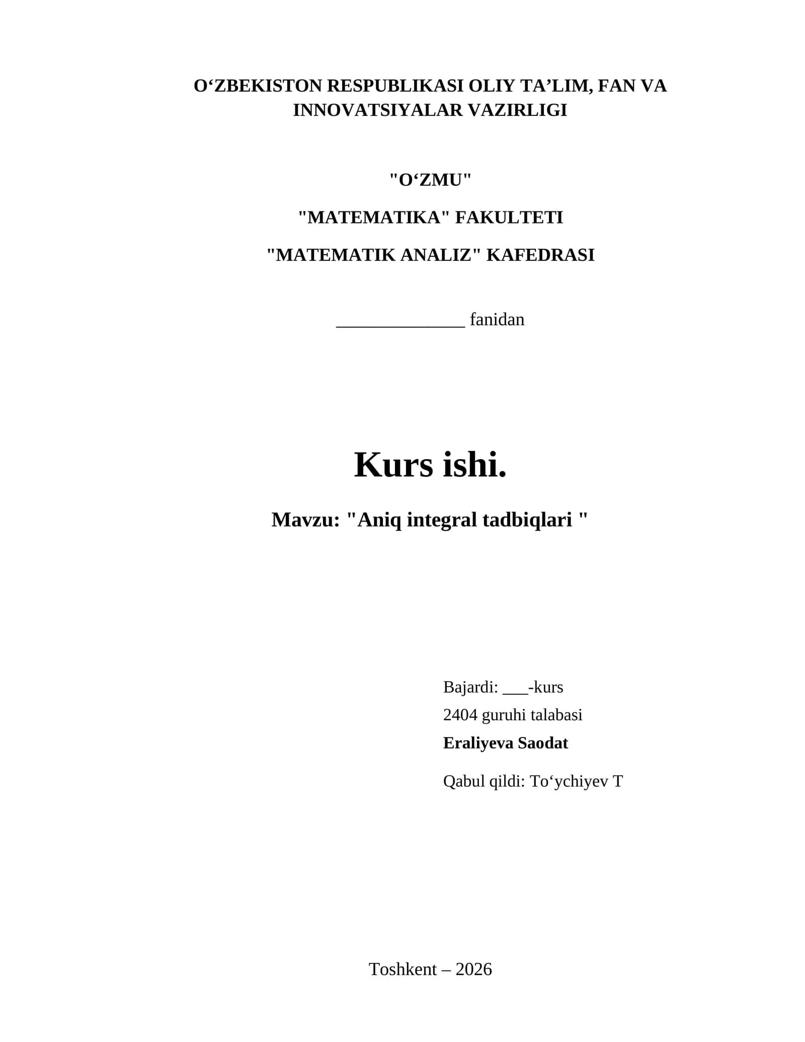 "Aniq integral tadbiqlari "