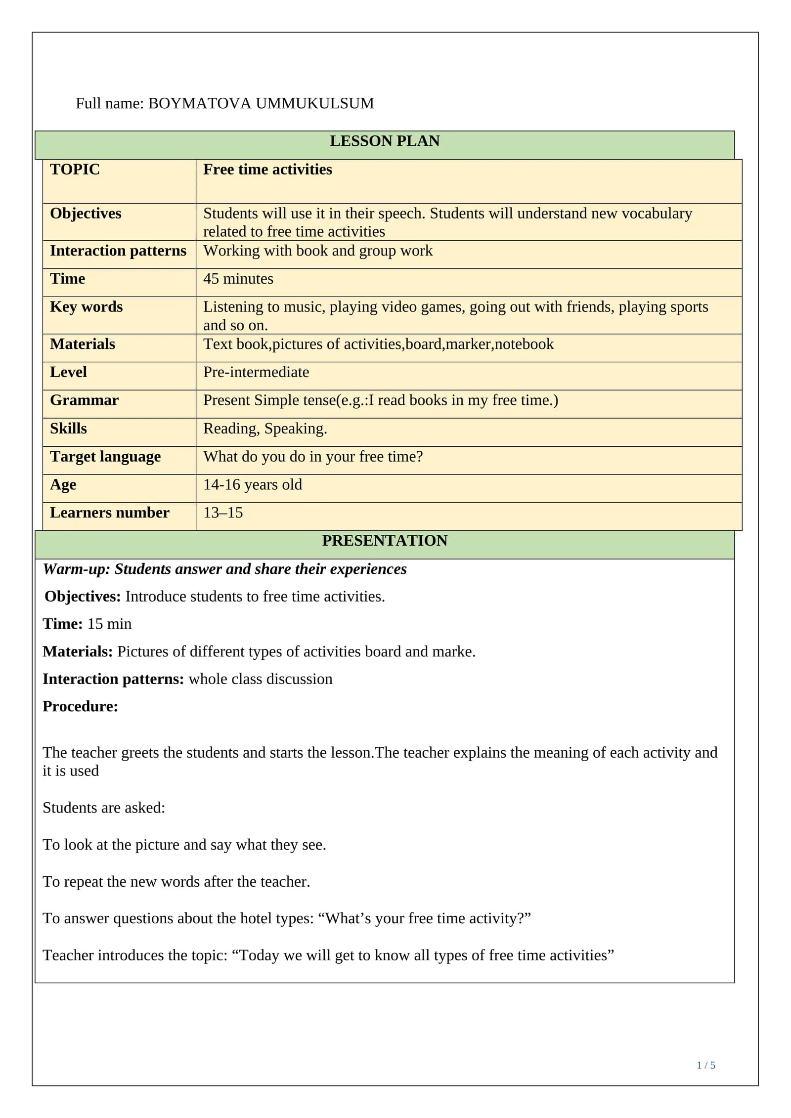 Lesson plan ESP Free time activities