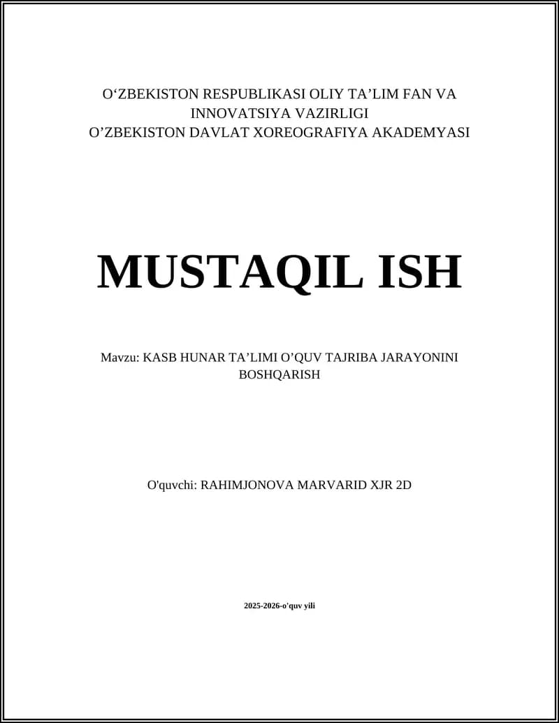 KASB HUNAR TA’LIMI O’QUV TAJRIBA JARAYONINI BOSHQARISH