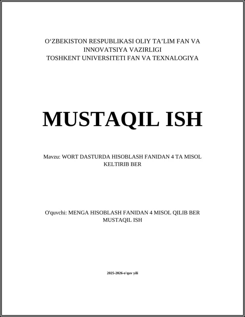 Word dasturida hisoblash fanidan 4 ta misol