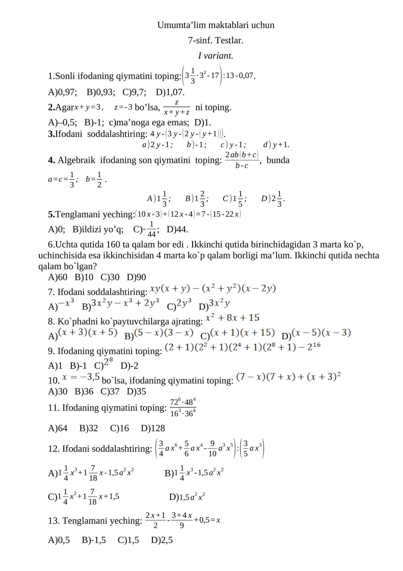 7-sinf. Testlar. I variant