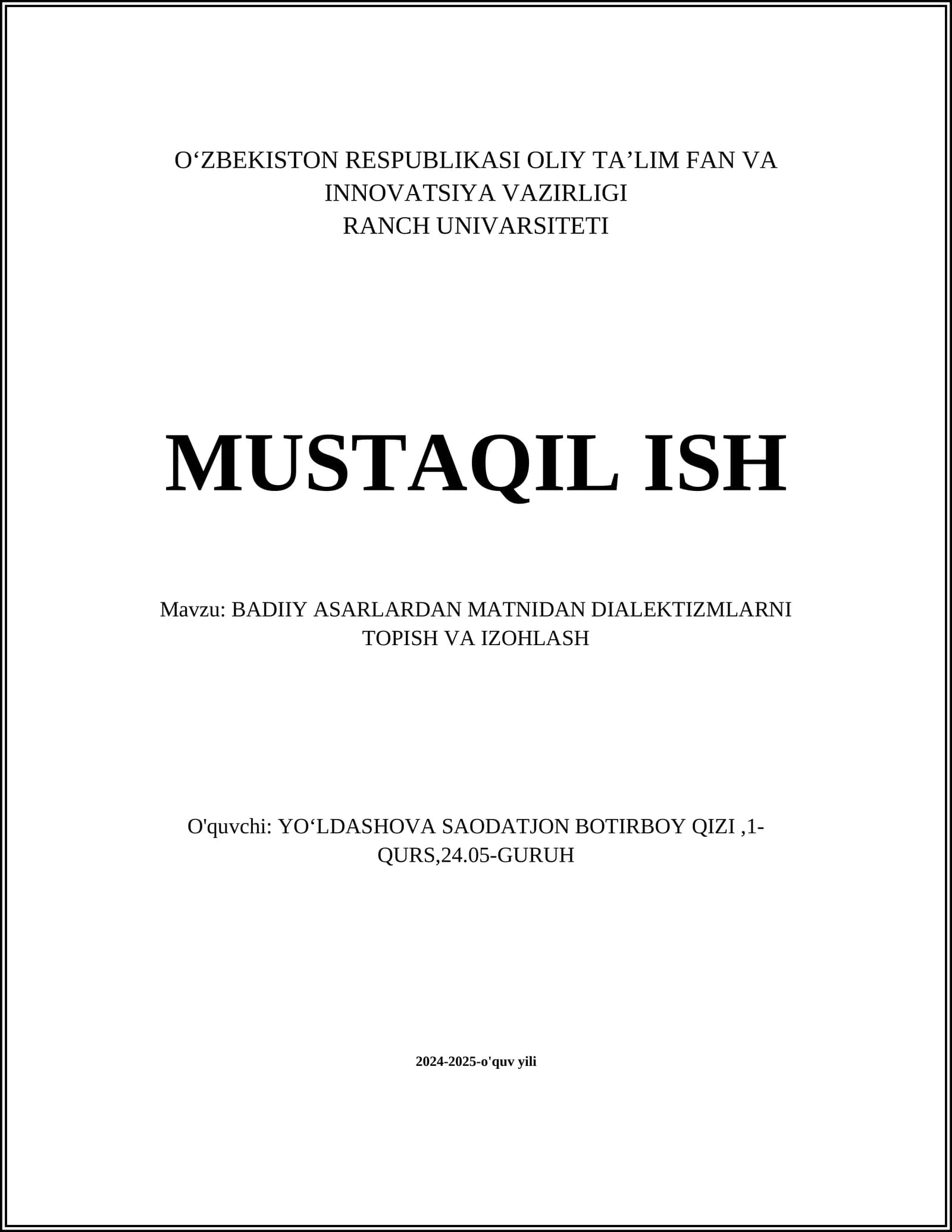 BADIIY ASARLARDAN MATNIDAN DIALEKTIZMLARNI TOPISH VA IZOHLASH