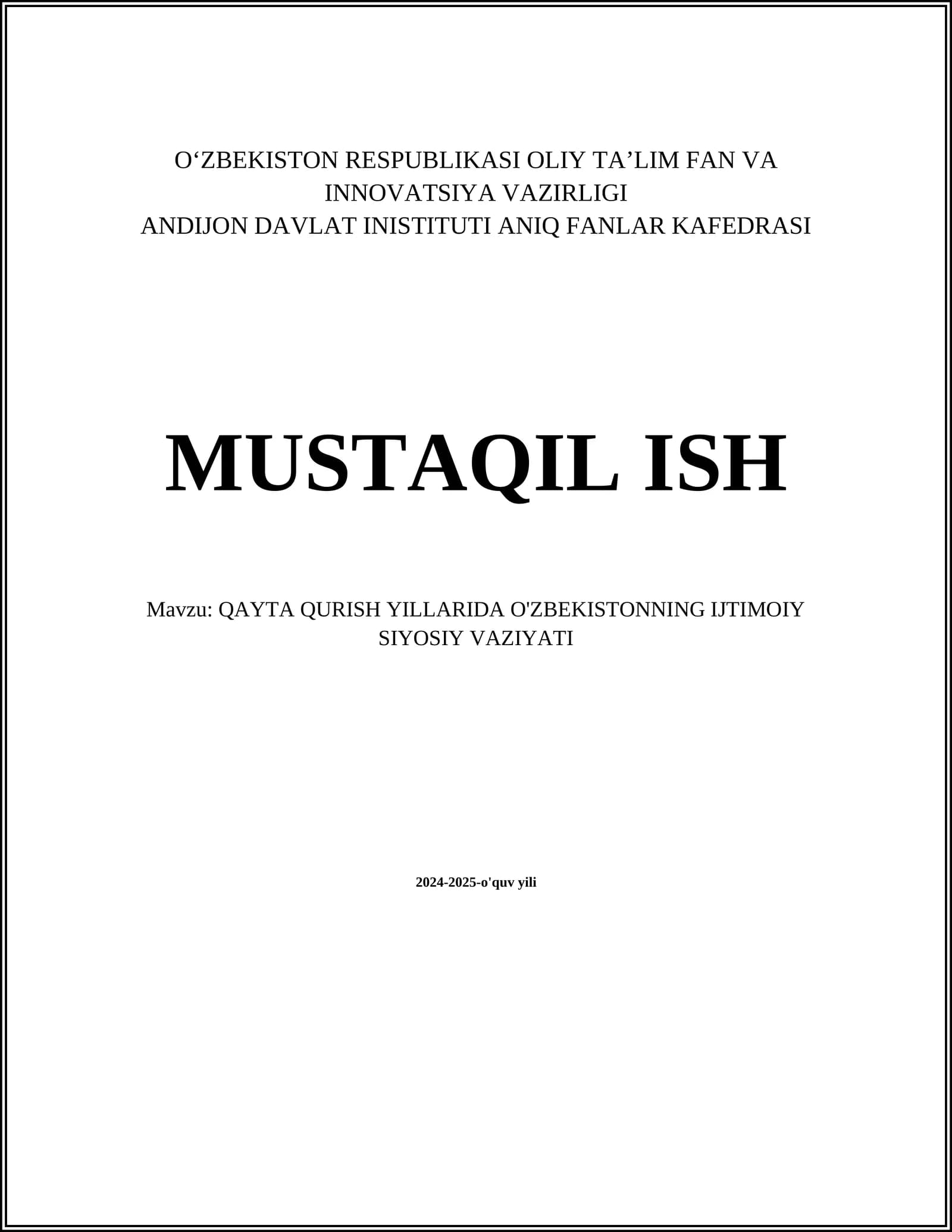 QAYTA QURISH YILLARIDA O'ZBEKISTONNING IJTIMOIY SIYOSIY VAZIYATI