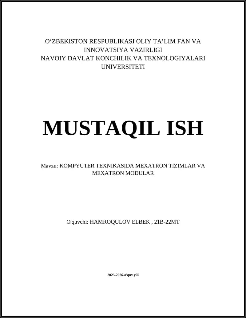 KOMPYUTER TEXNIKASIDA MEXATRON TIZIMLAR VA MEXATRON MODULAR