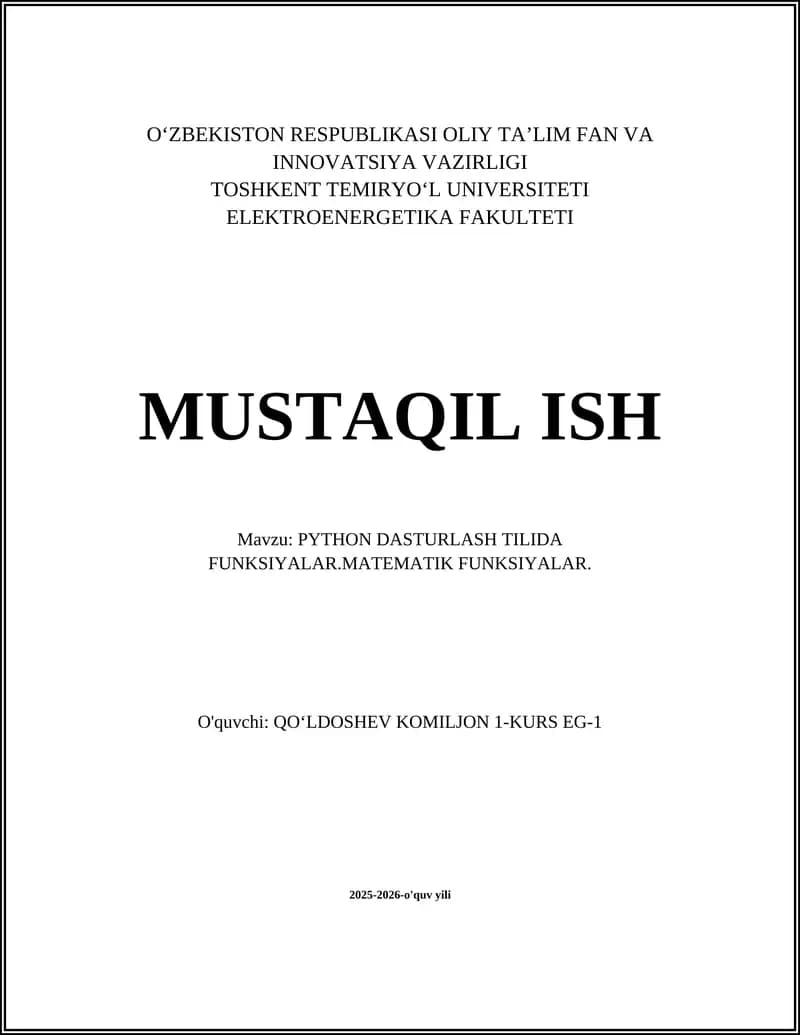 PYTHON DASTURLASH TILIDA FUNKSIYALAR