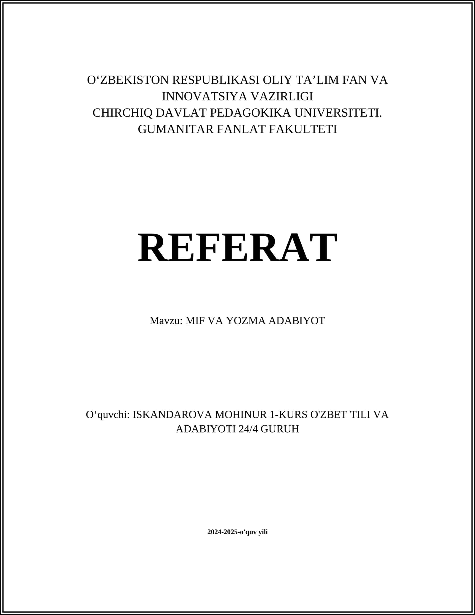 MIF VA YOZMA ADABIYOT