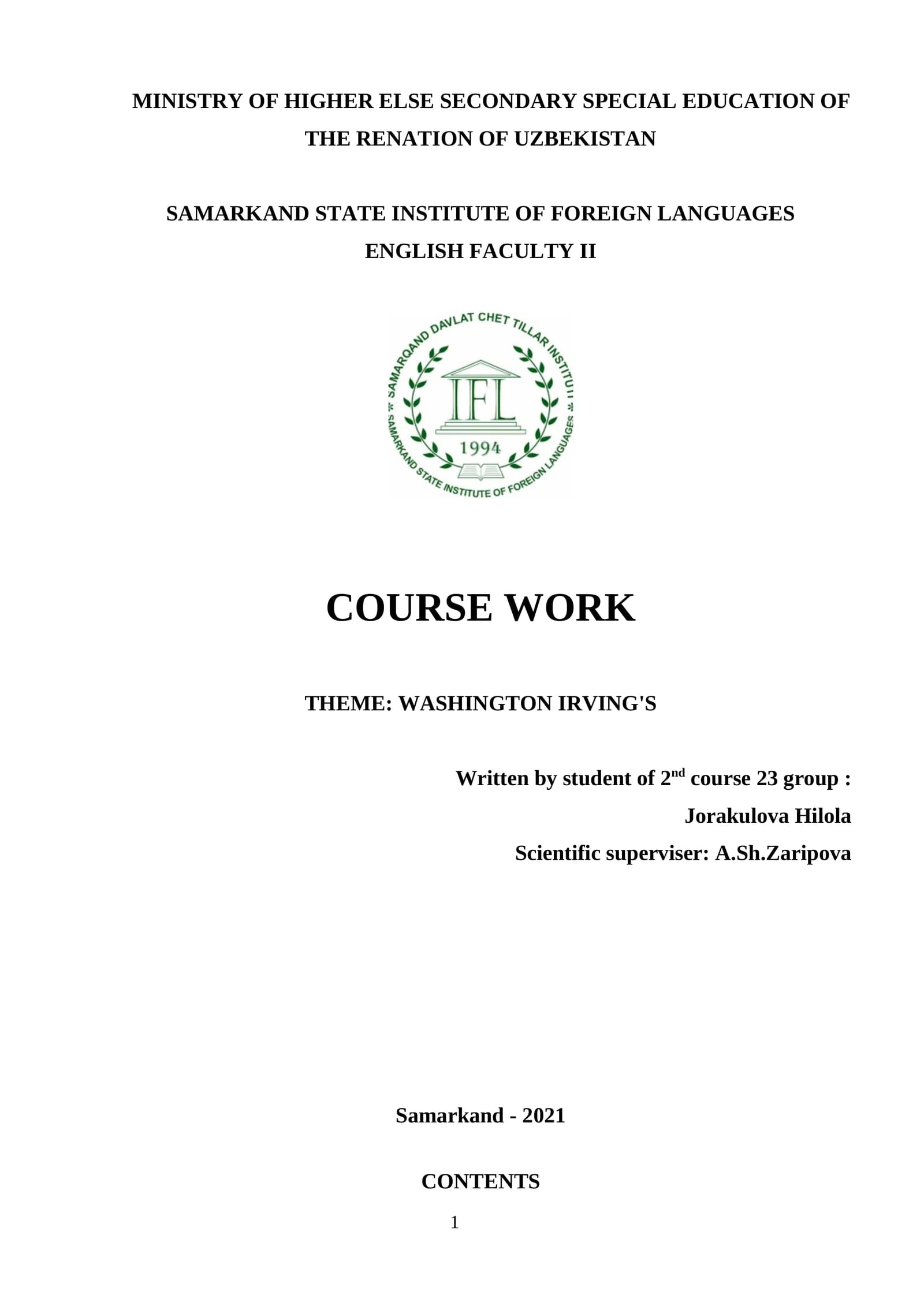 COURSE WORK: WASHINGTON IRVING'S