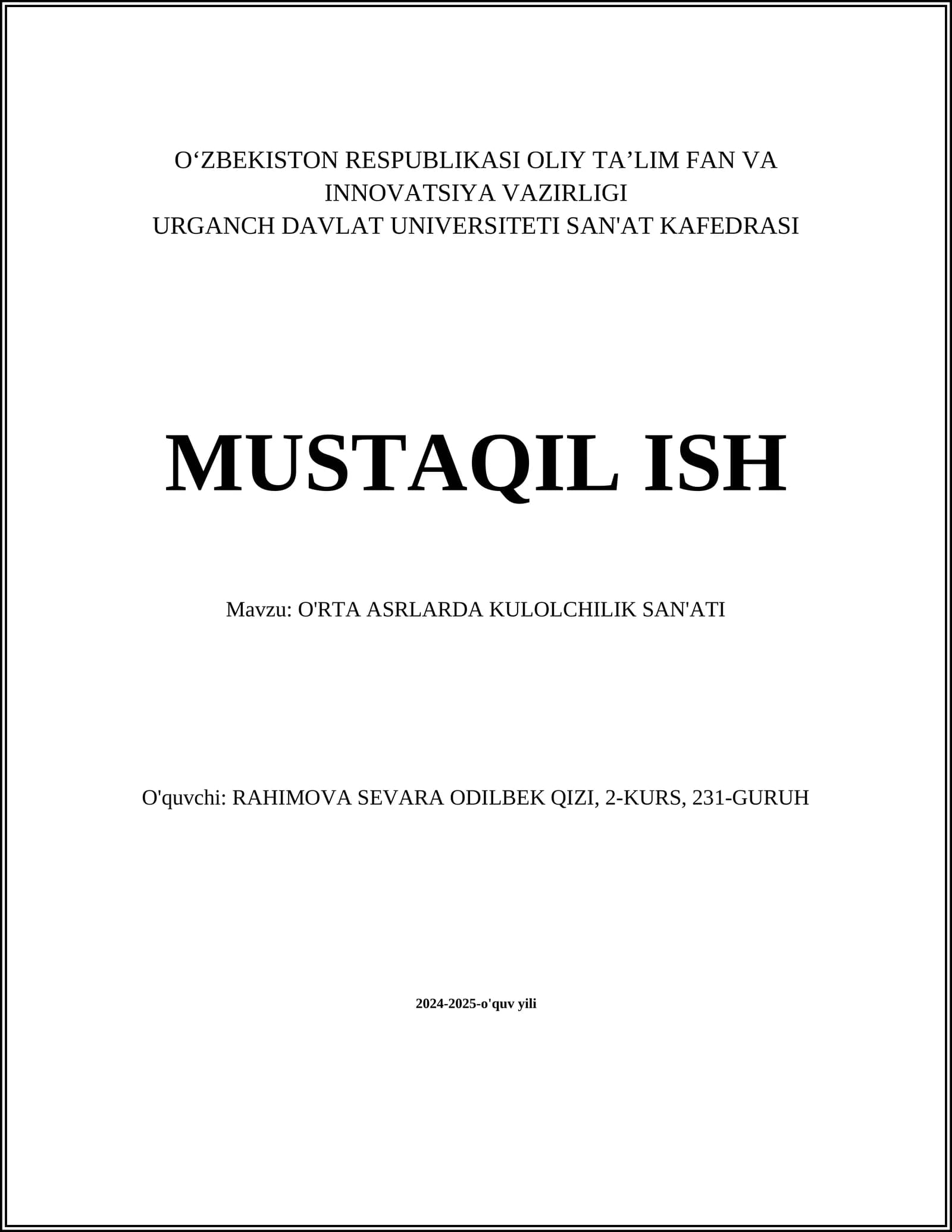 O'RTA ASRLARDA KULOLCHILIK SAN'ATI
