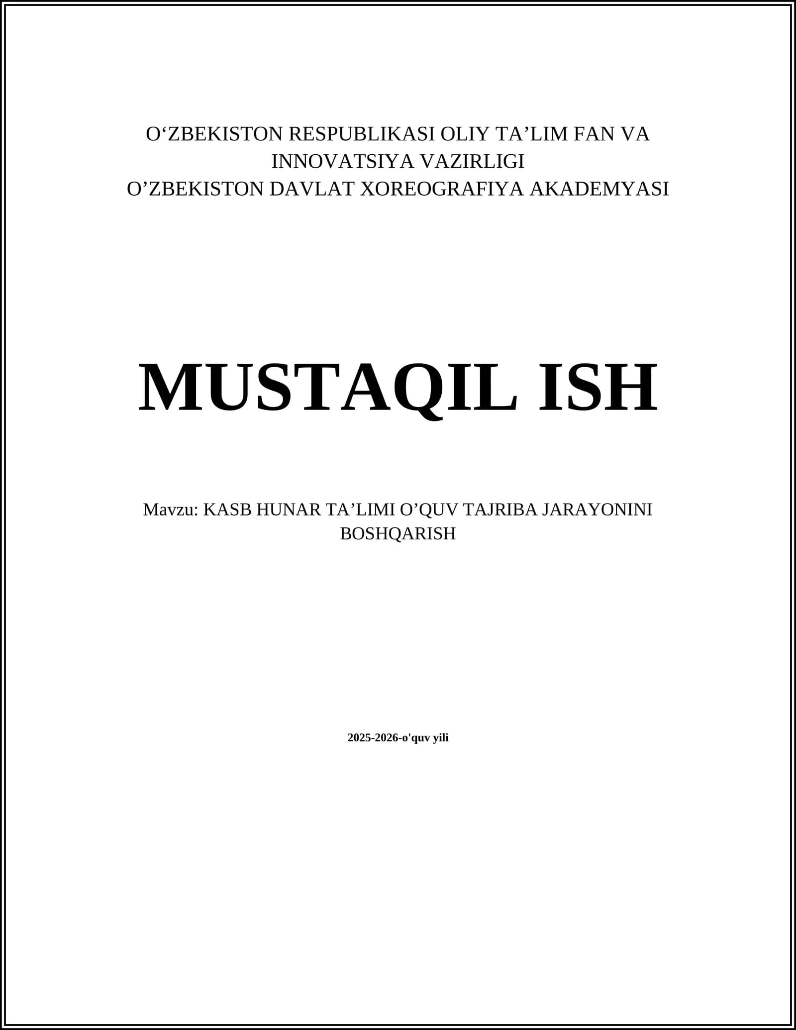 KASB HUNAR TA’LIMI O’QUV TAJRIBA JARAYONINI BOSHQARISH