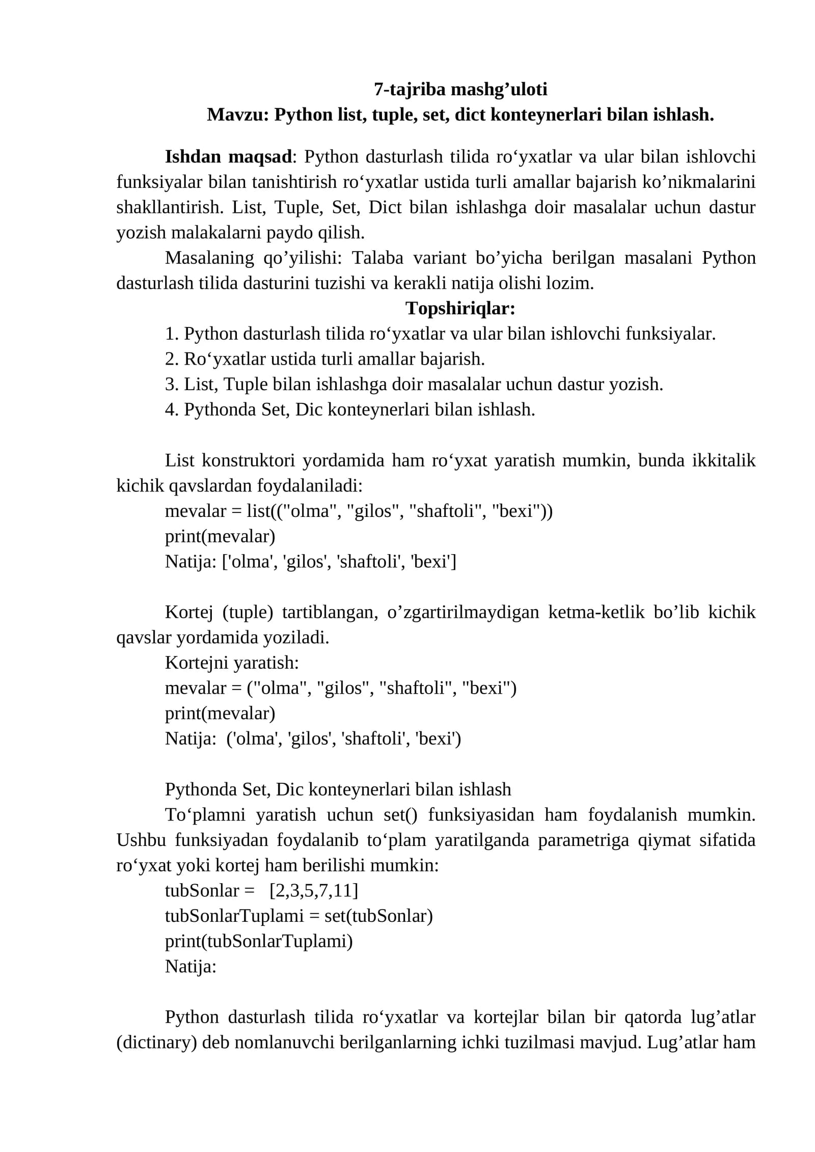 Python list, tuple, set, dict konteynerlari bilan ishlash