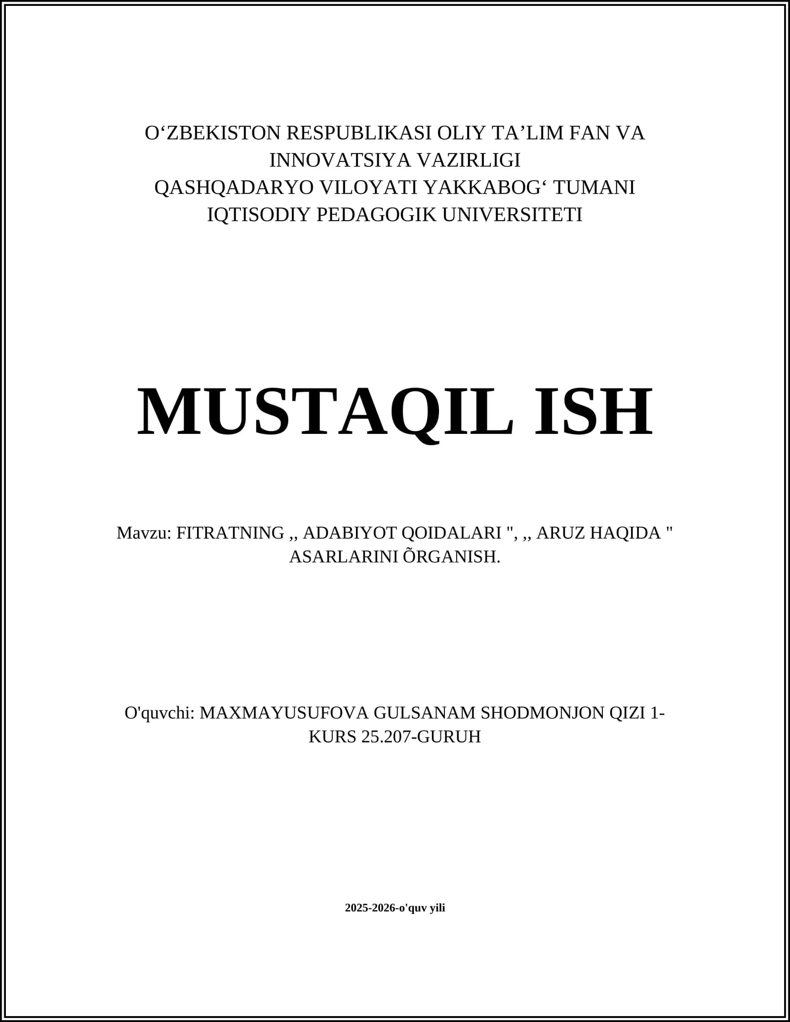 FITRATNING ADABIYOT QOIDALARI VA ARUZ HAQIDA ASARLARINI O'RGANISH