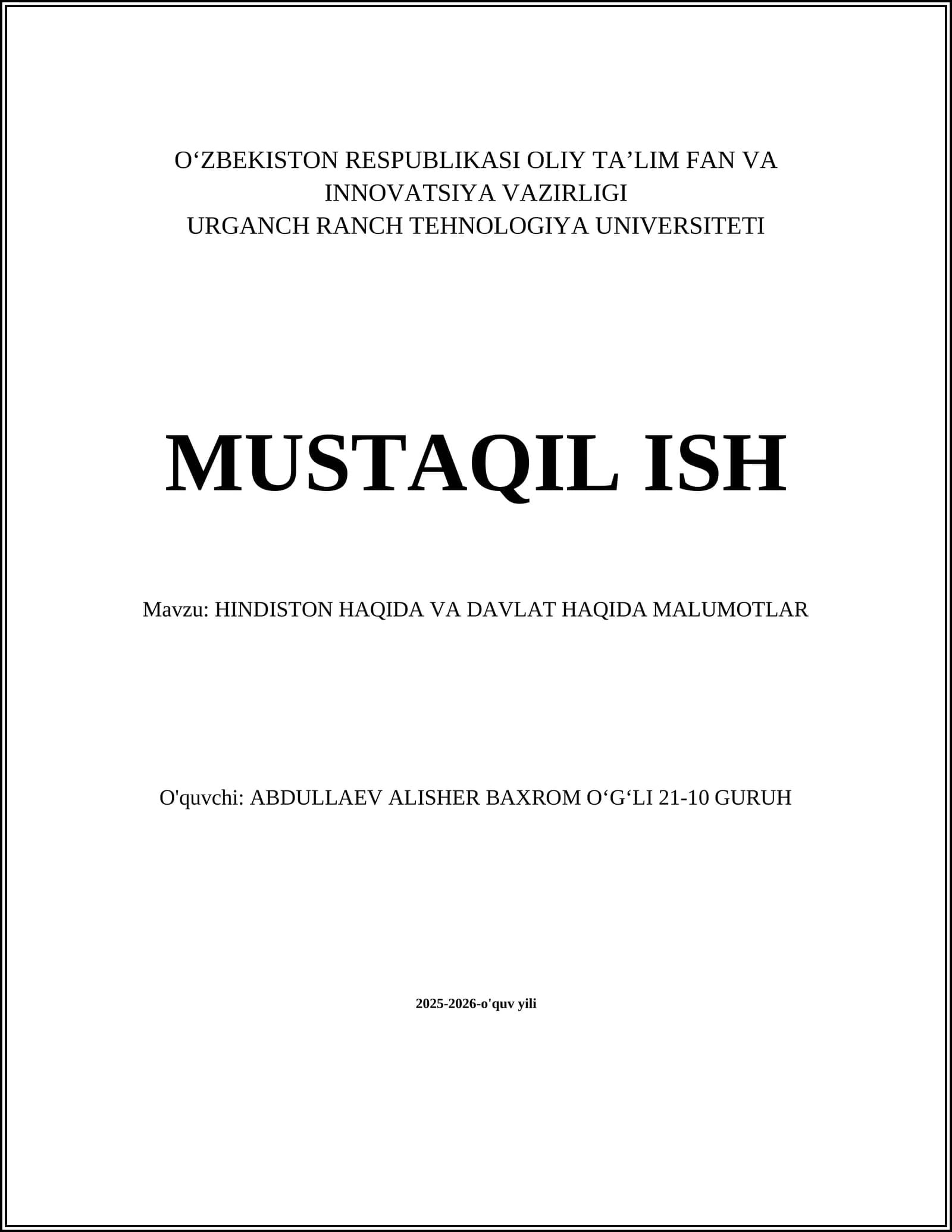 HINDISTON HAQIDA VA DAVLAT HAQIDA MALUMOTLAR