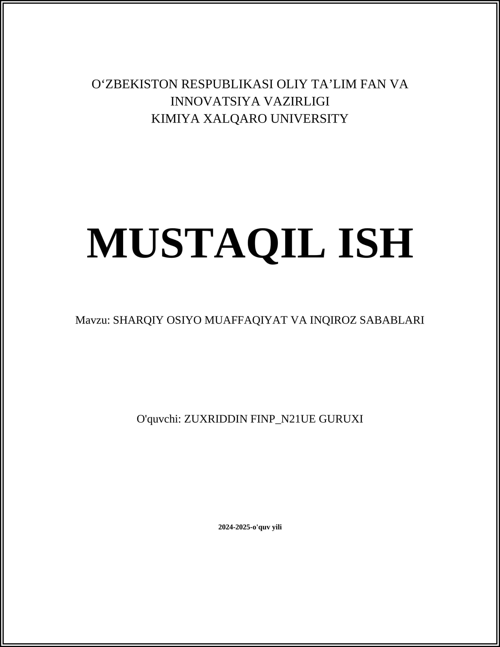 SHARQIY OSIYO MUAFFAQIYAT VA INQIROZ SABABLARI