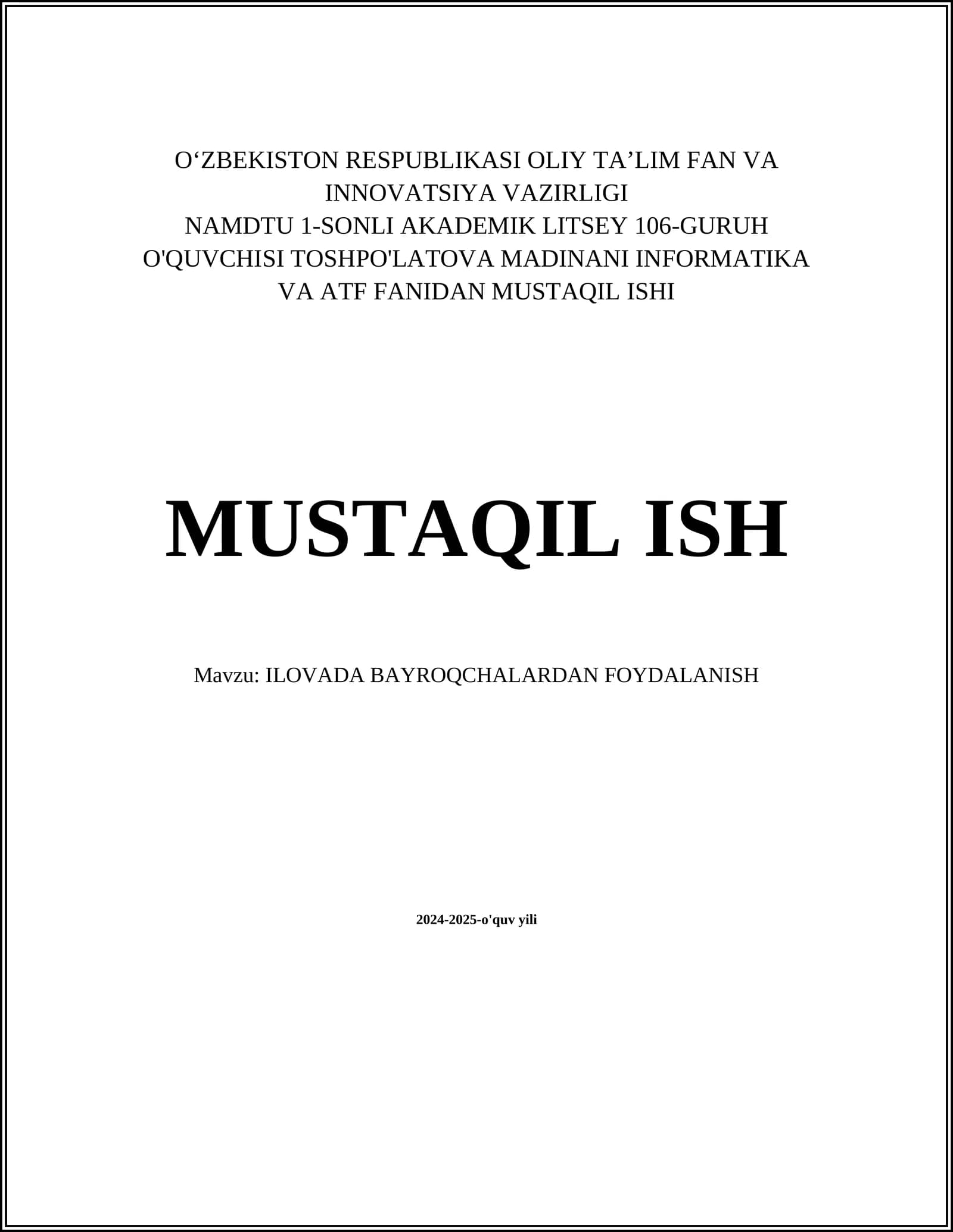 ILOVADA BAYROQCHALARDAN FOYDALANISHNING ASOSLARI