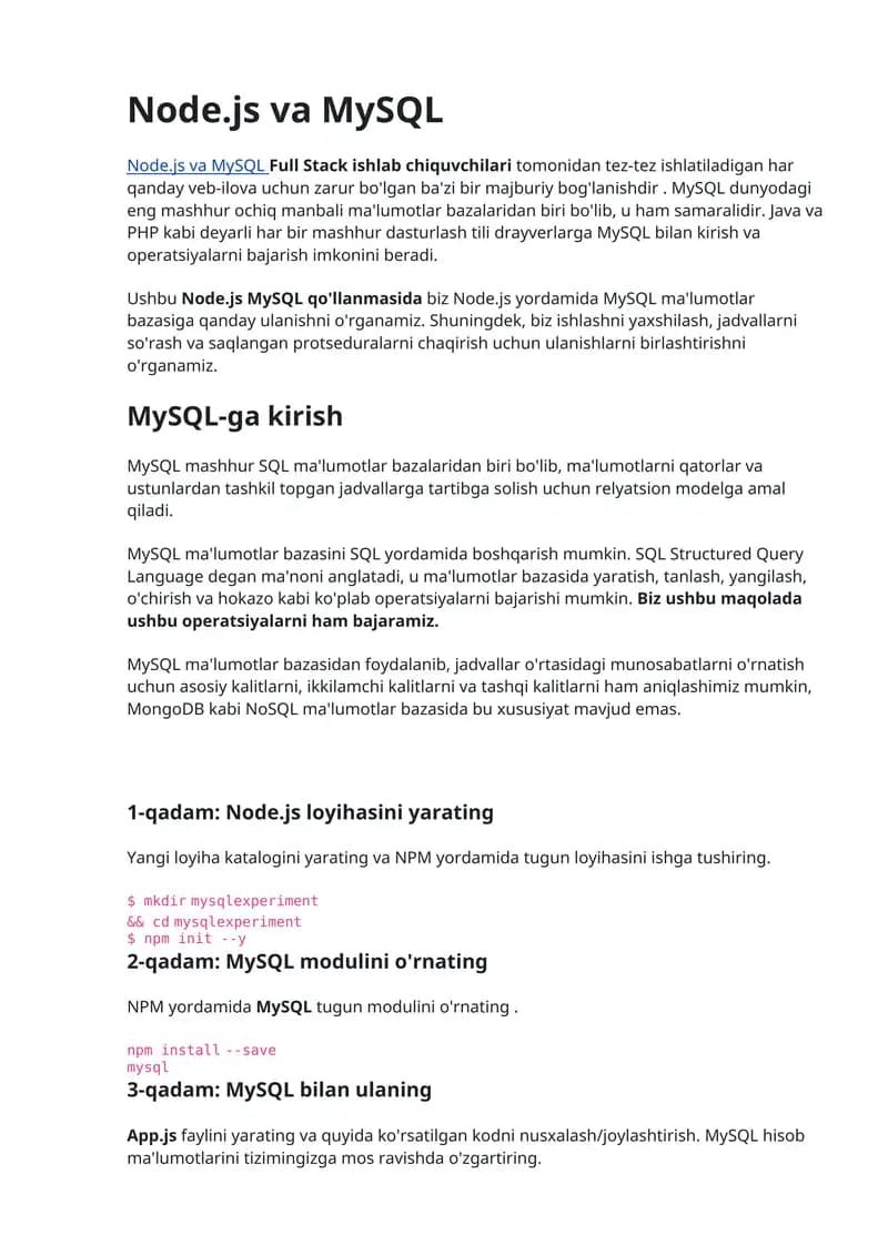 Node.js va MySQL