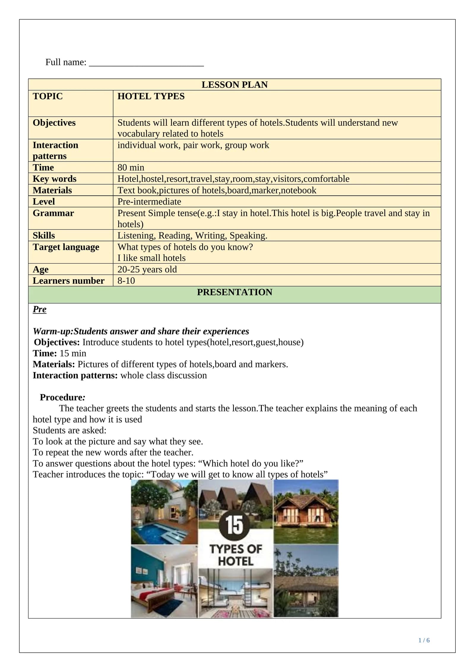 LESSON PLAN ESP hotel types