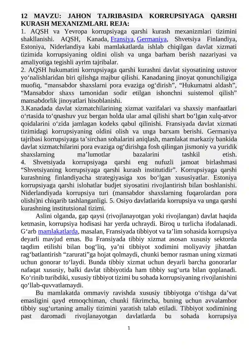 JAHON TAJRIBASIDA KORRUPSIYAGA QARSHI KURASH MEXANIZMLARI