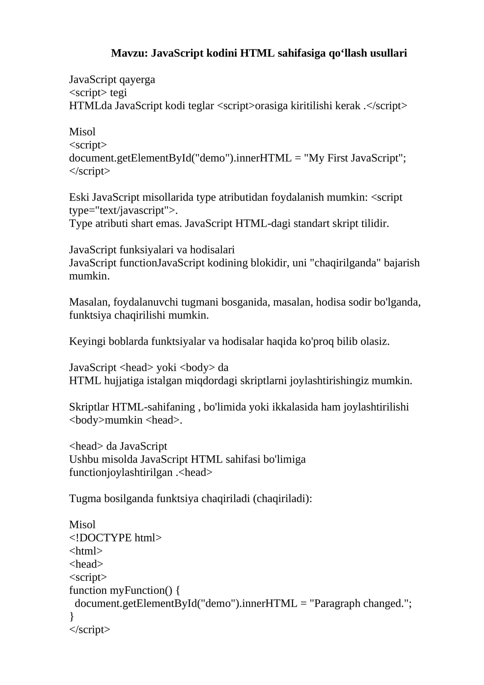 JavaScript kodini HTML sahifasiga qo‘llash usullari