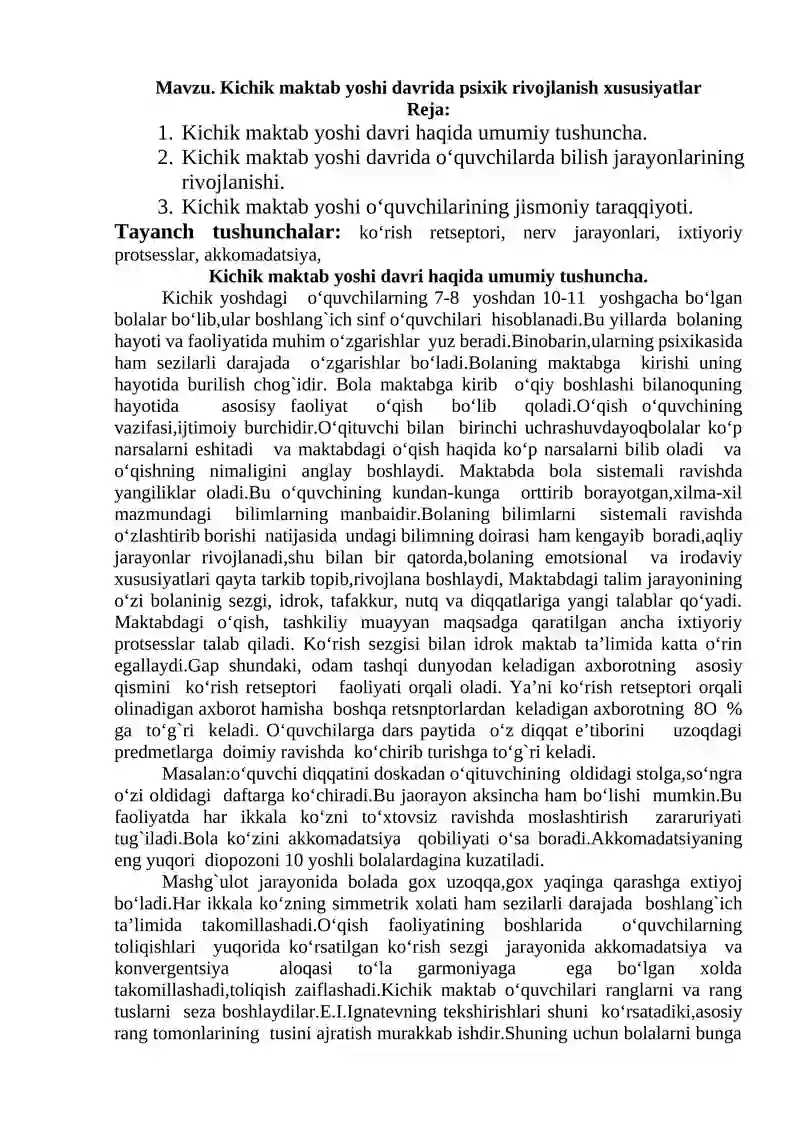 Kichik maktab yoshi davrida psixik rivojlanish xususiyatlar