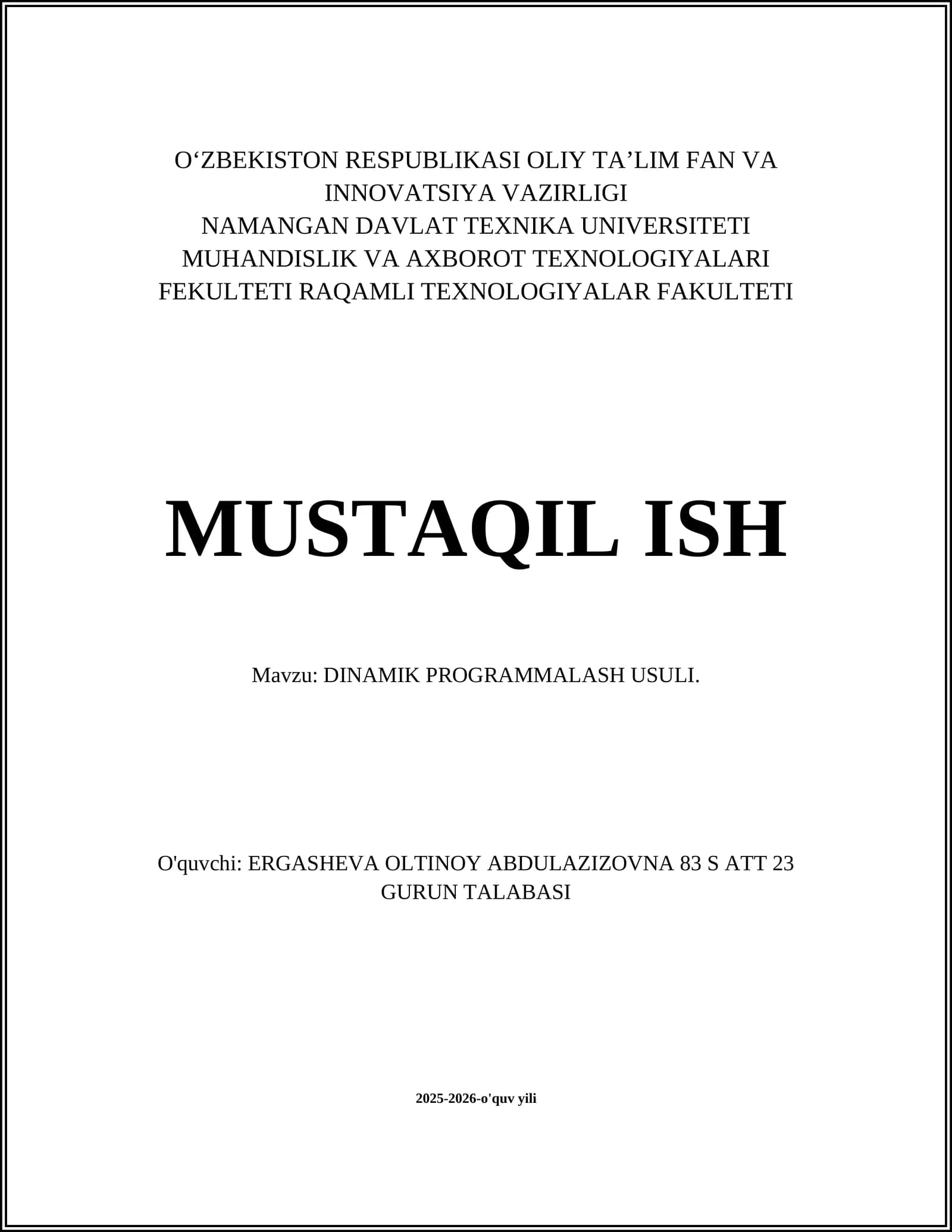 DINAMIK PROGRAMMALASH USULI