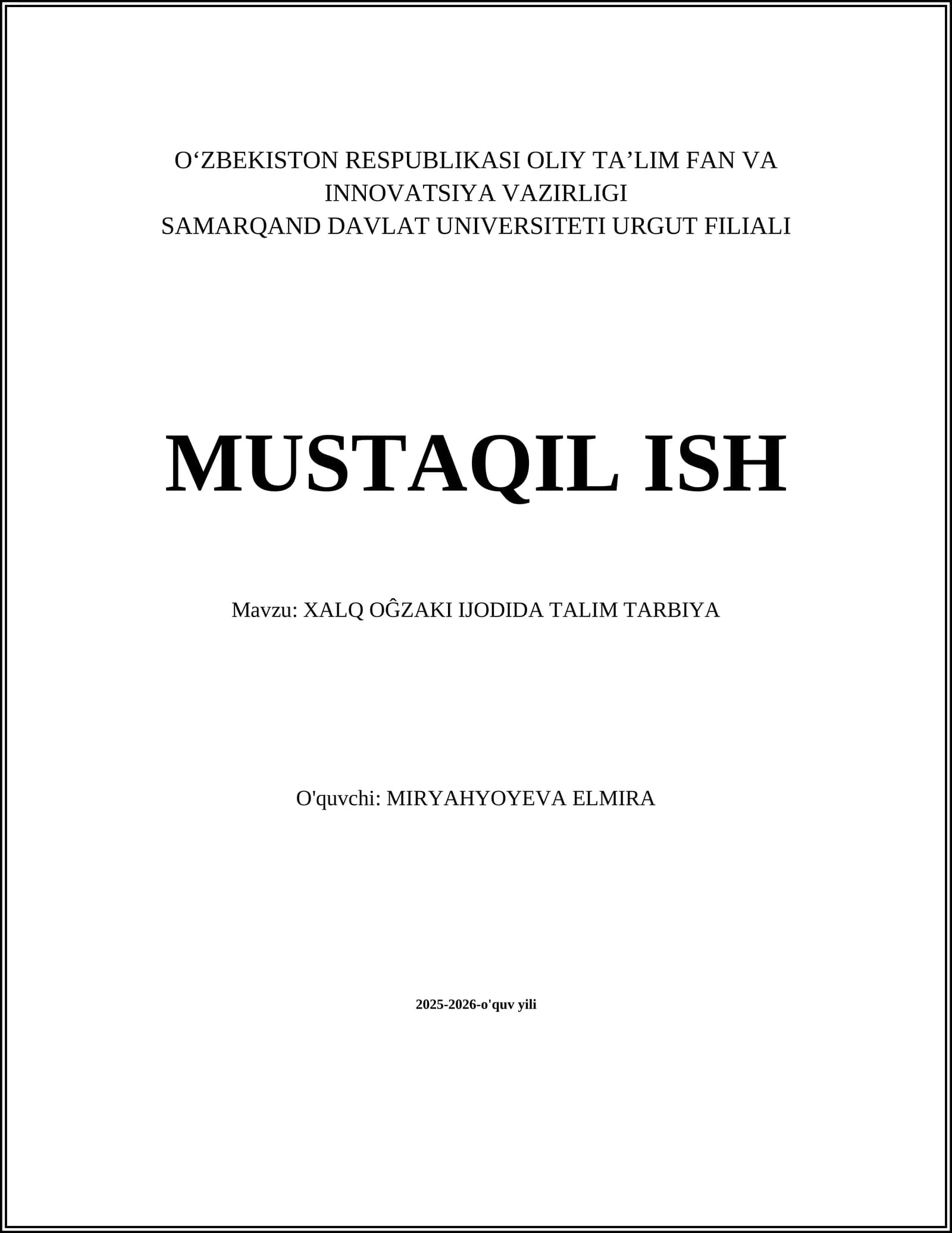 Xalq Og'zaki Ijodida Talim Tarbiya