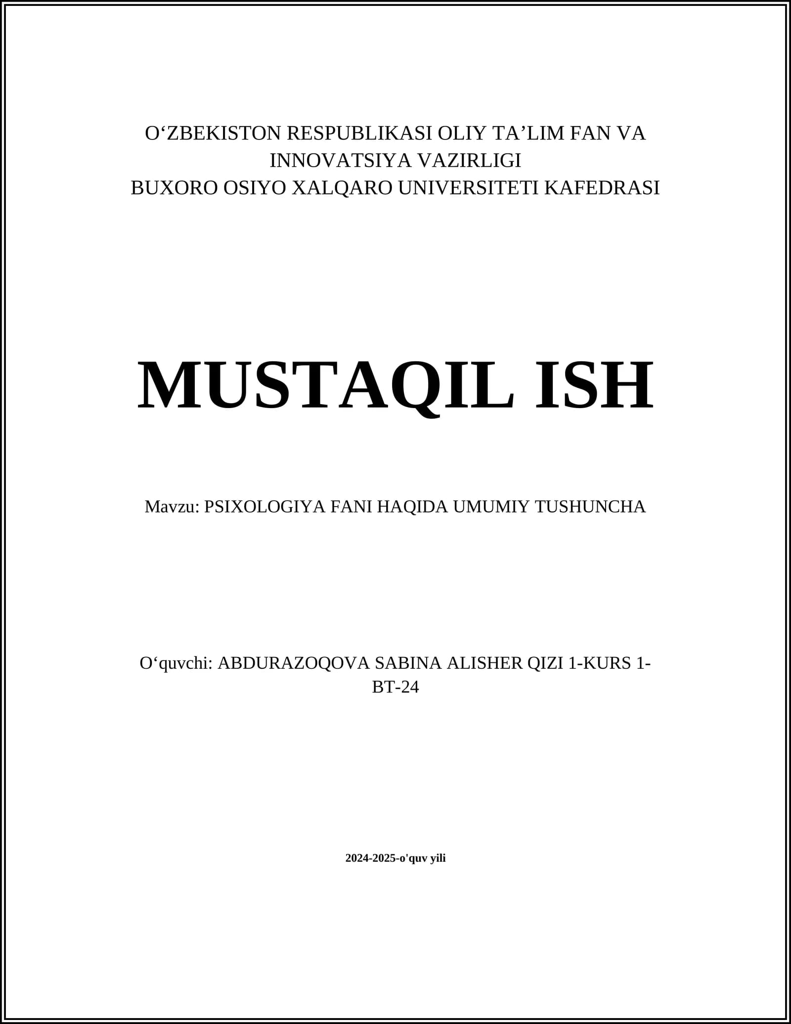 PSIXOLOGIYA FANI HAQIDA UMUMIY TUSHUNCHA