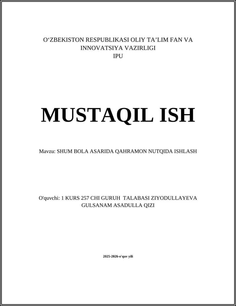 SHUM BOLA ASARIDA QAHRAMON NUTQIDA ISHLASH