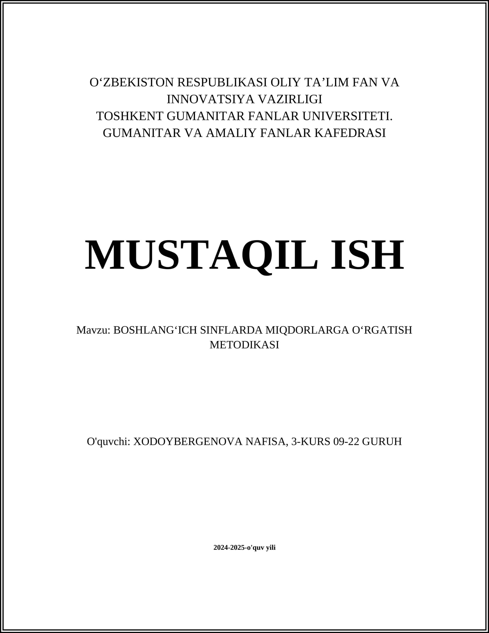 BOSHLANG‘ICH SINFLARDA MIQDORLARGA O‘RGATISH METODIKASI