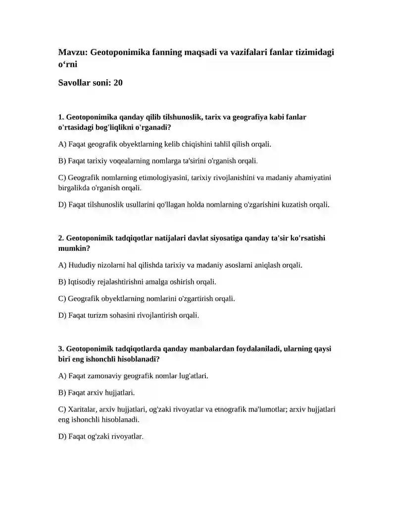 Geotoponimika fanning maqsadi va vazifalari fanlar tizimidagi oʻrni