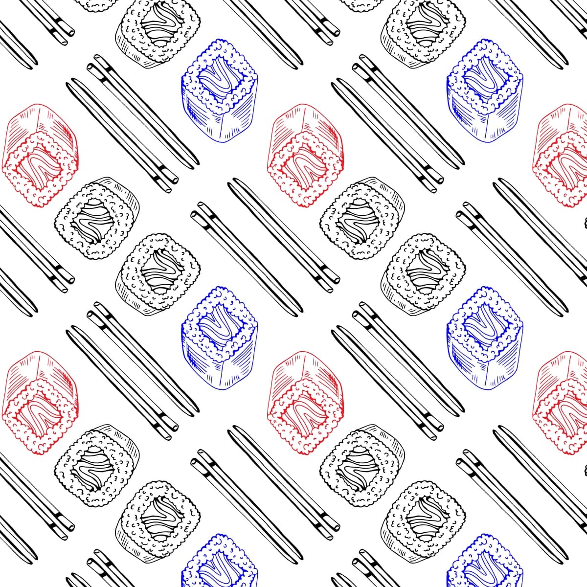 Qizil ko'k sushi chizilgan qo'lda chizilgan choksiz naqsh | Hand drawn seamless pattern with red blue sushi drawings