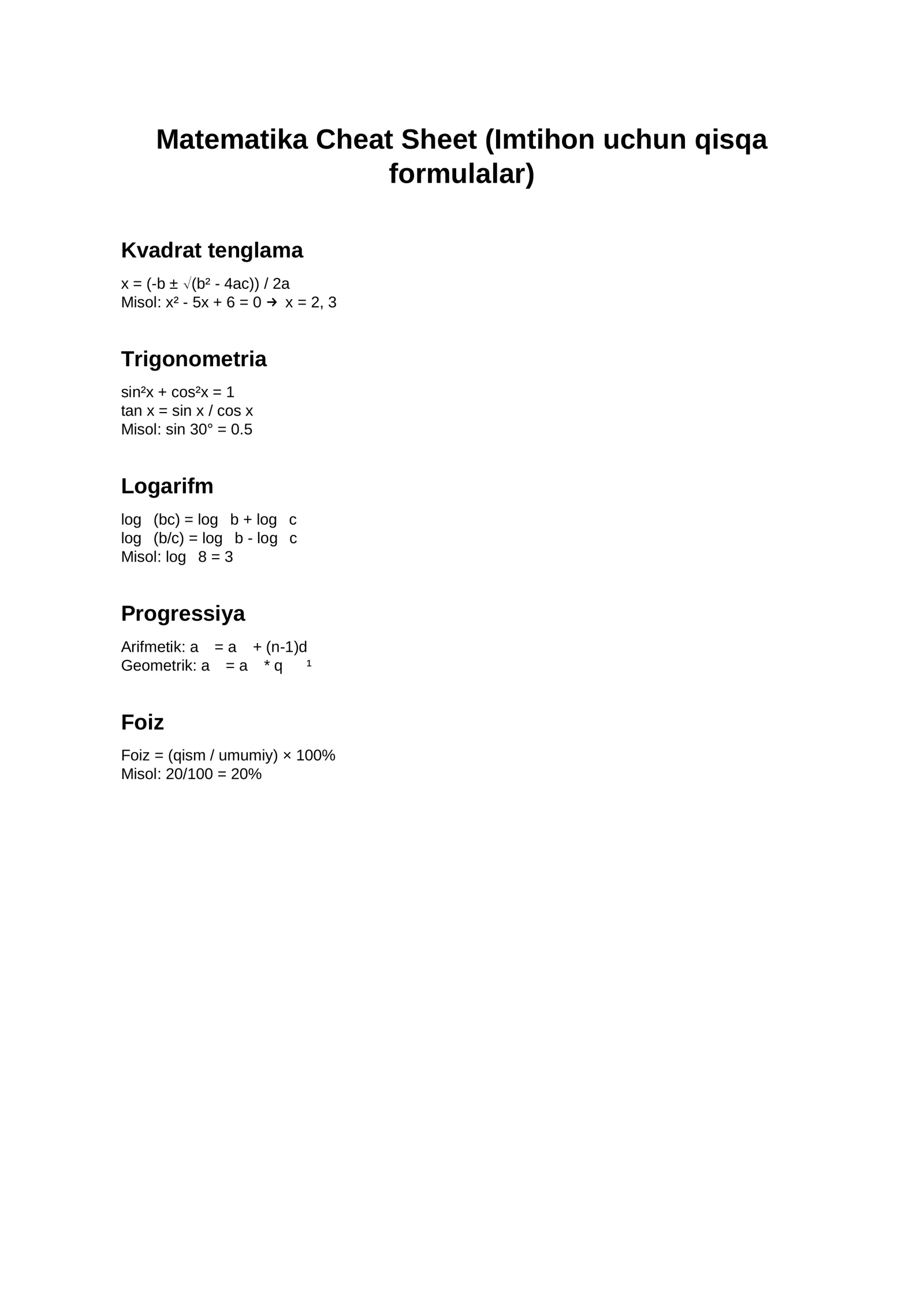 Matematika fanidan cheatsheet formulalar