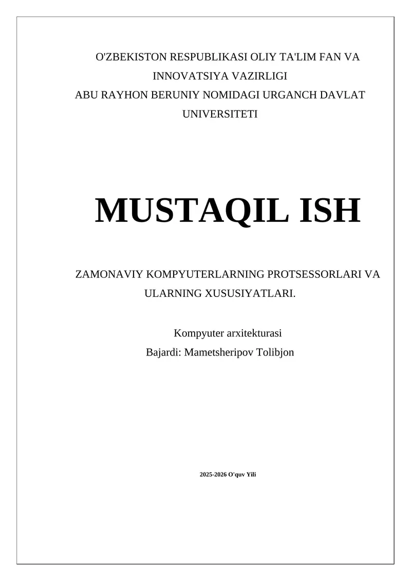 Zamonaviy protsessorlar mustaqil ish